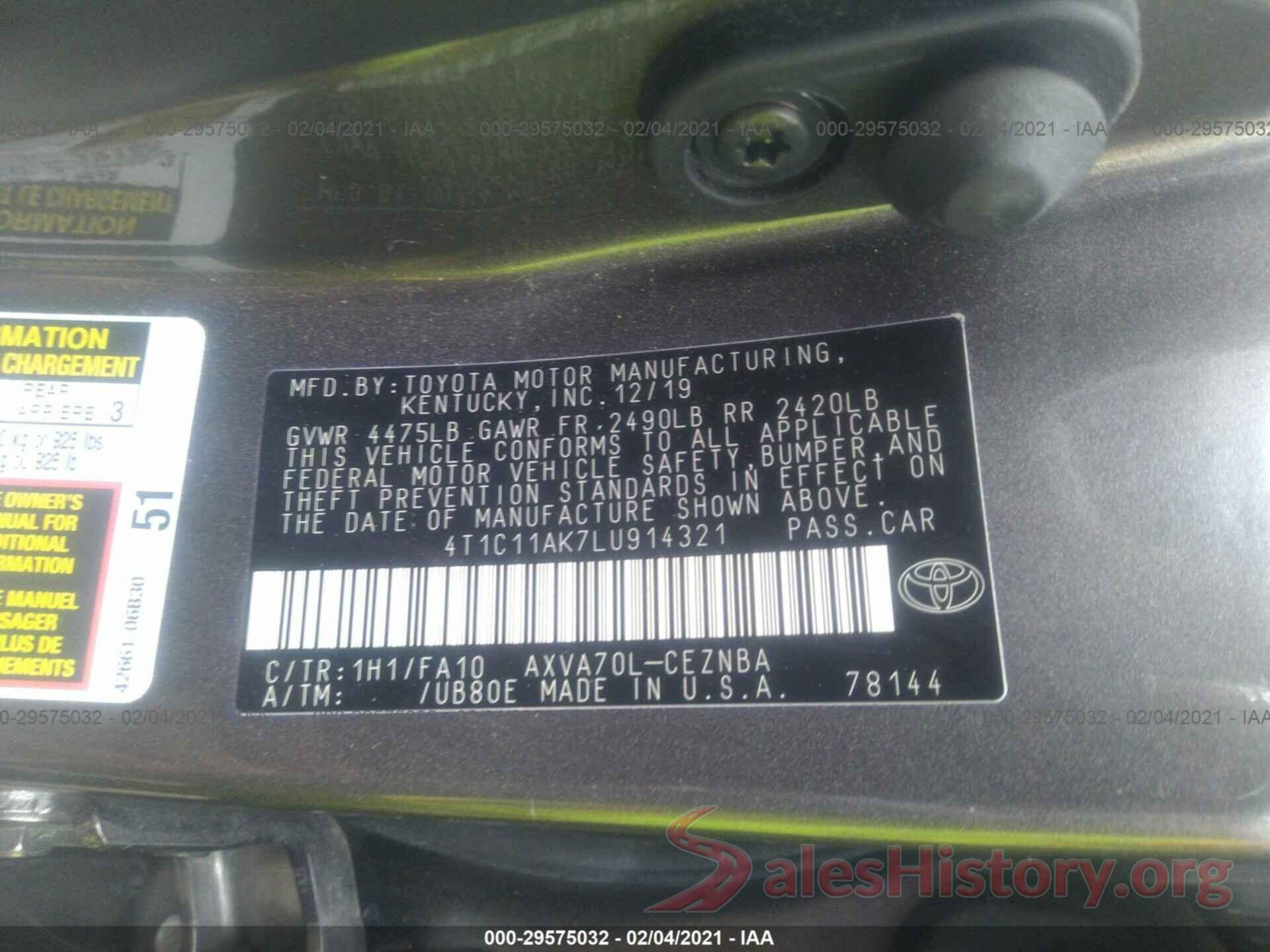 4T1C11AK7LU914321 2020 TOYOTA CAMRY