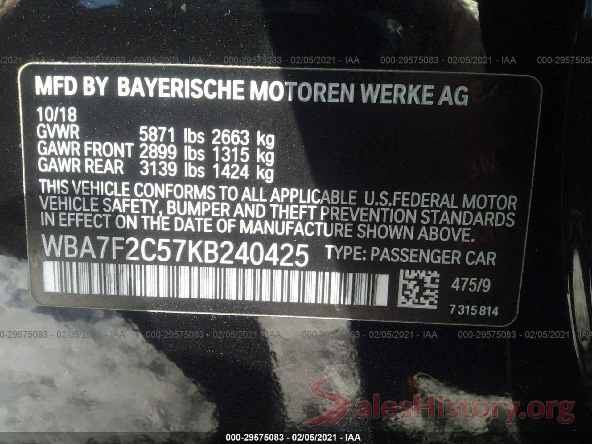 WBA7F2C57KB240425 2019 BMW 7 SERIES