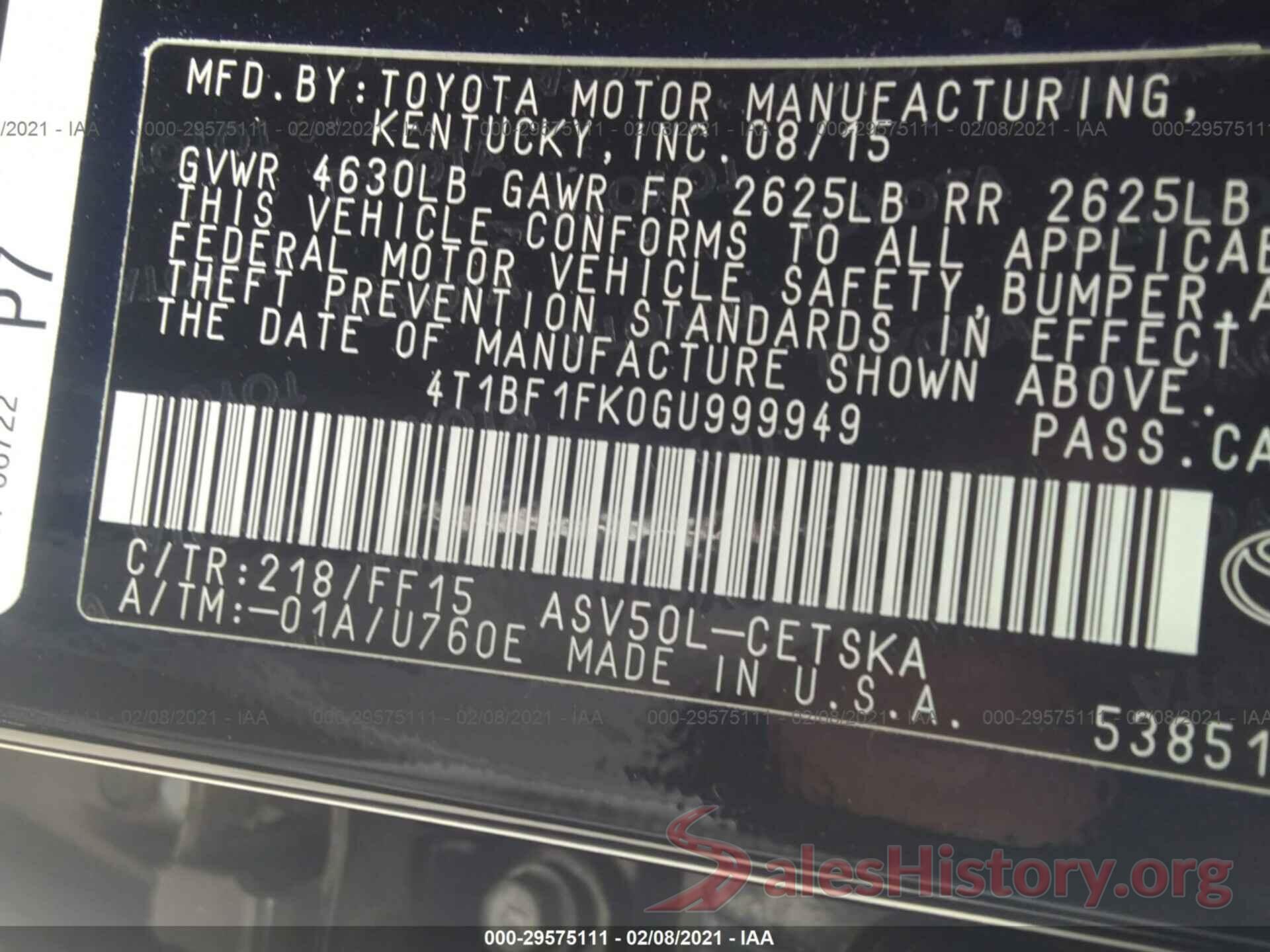 4T1BF1FK0GU999949 2016 TOYOTA CAMRY