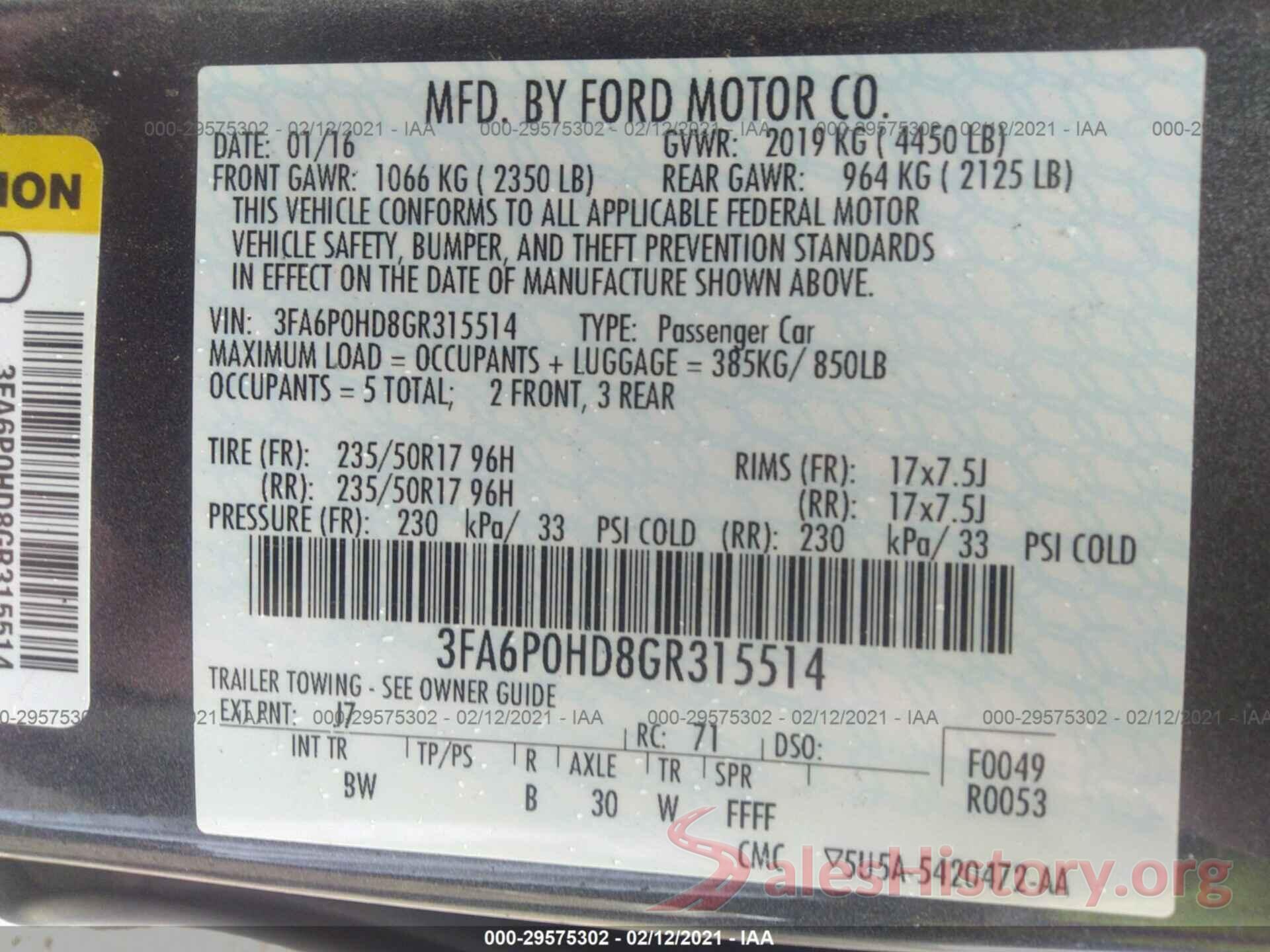 3FA6P0HD8GR315514 2016 FORD FUSION