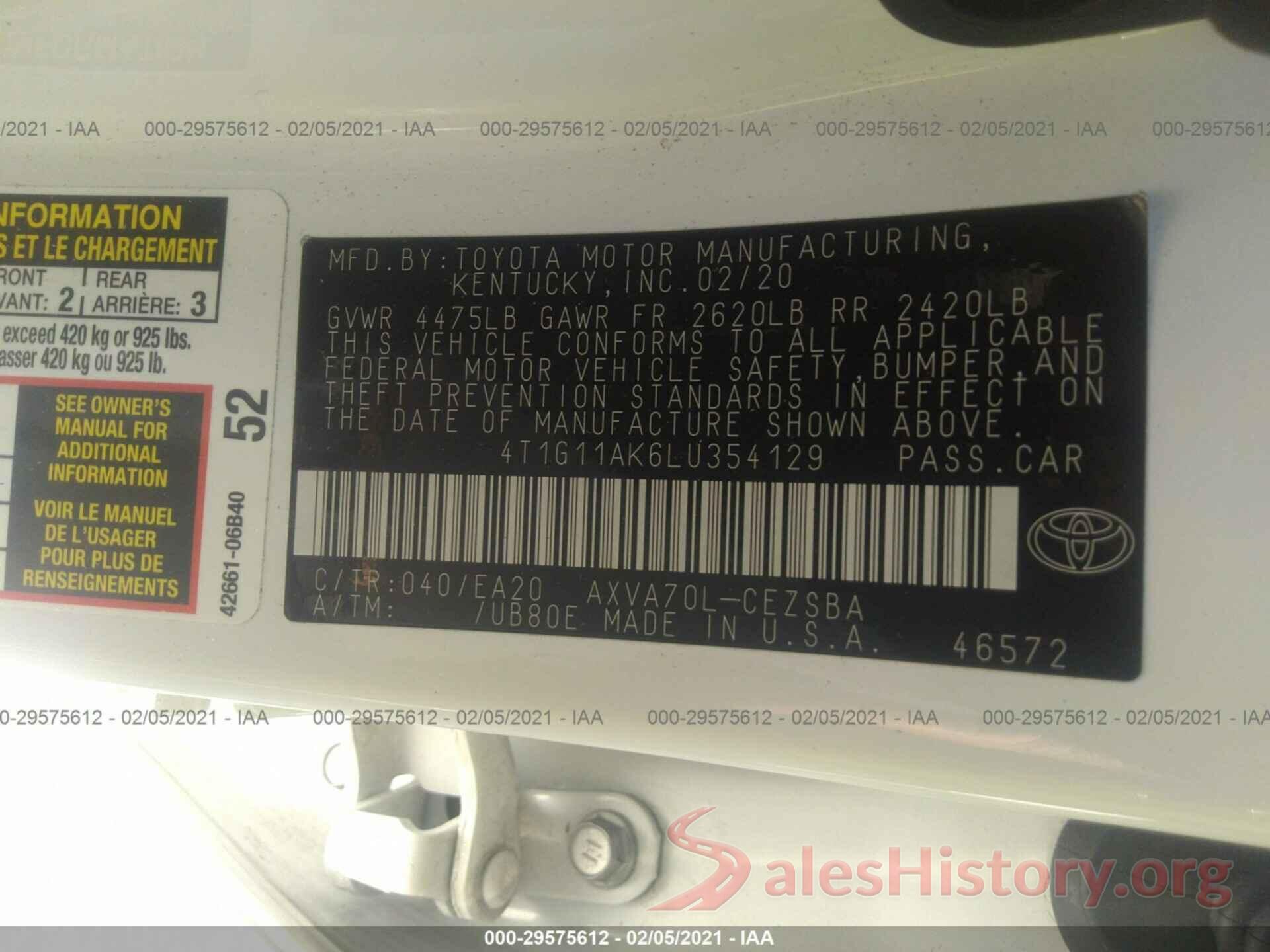 4T1G11AK6LU354129 2020 TOYOTA CAMRY