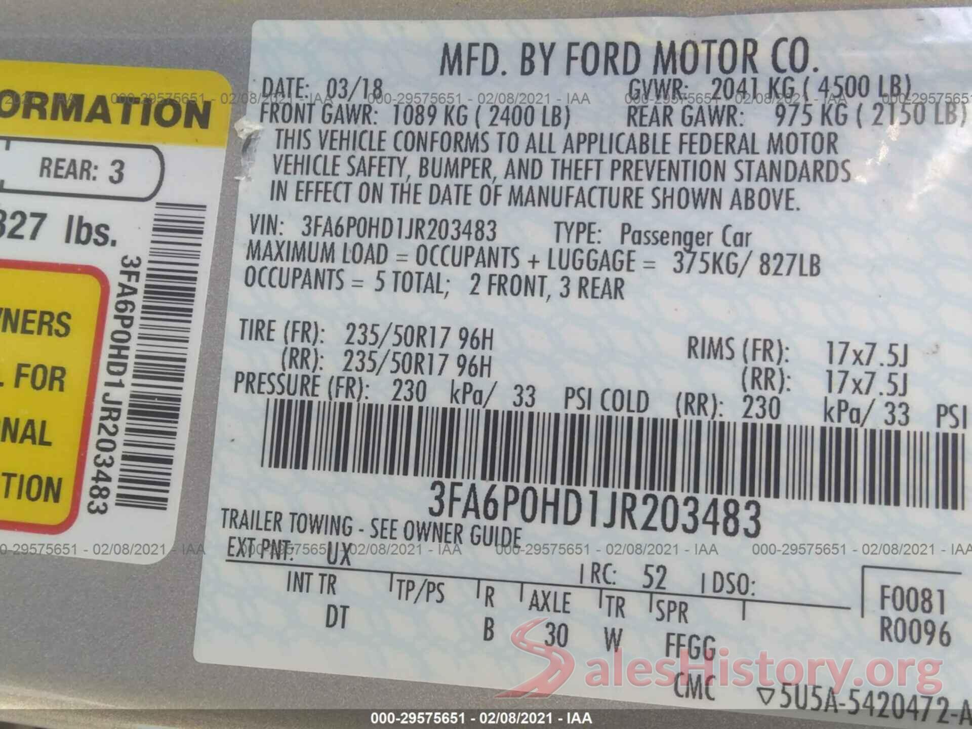 3FA6P0HD1JR203483 2018 FORD FUSION