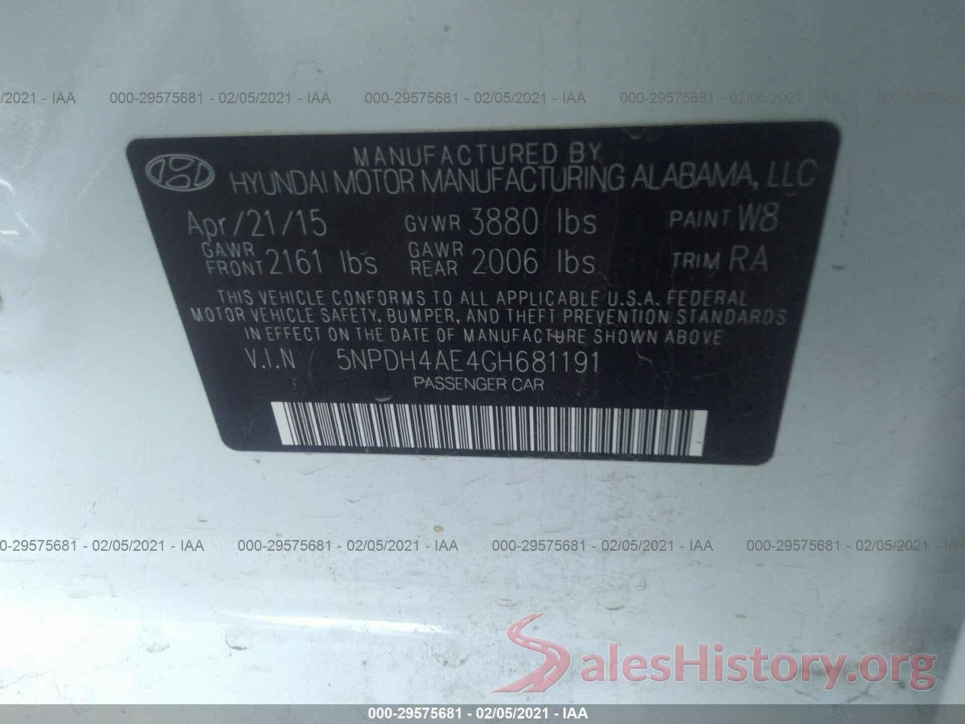 5NPDH4AE4GH681191 2016 HYUNDAI ELANTRA