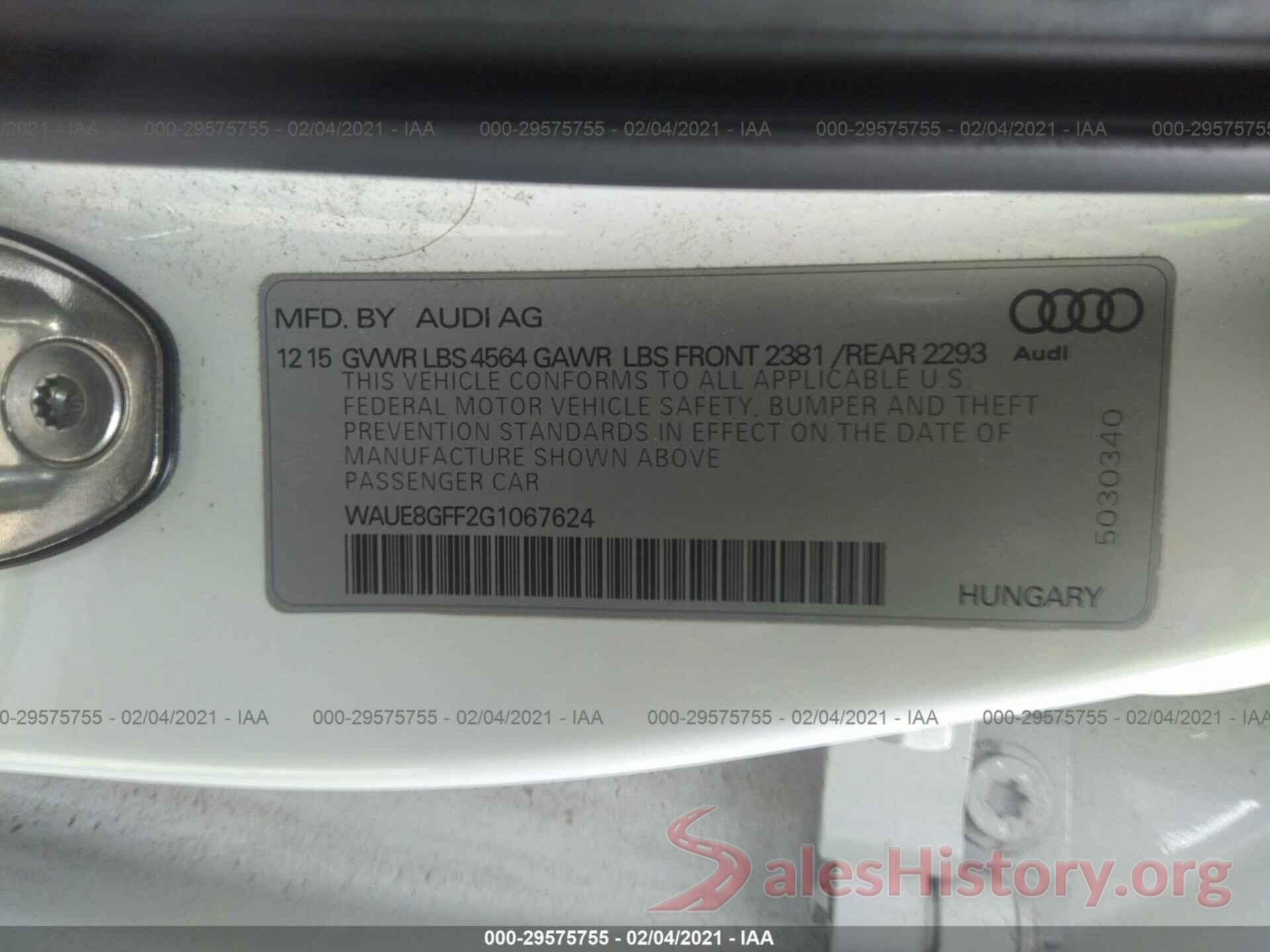 WAUE8GFF2G1067624 2016 AUDI A3