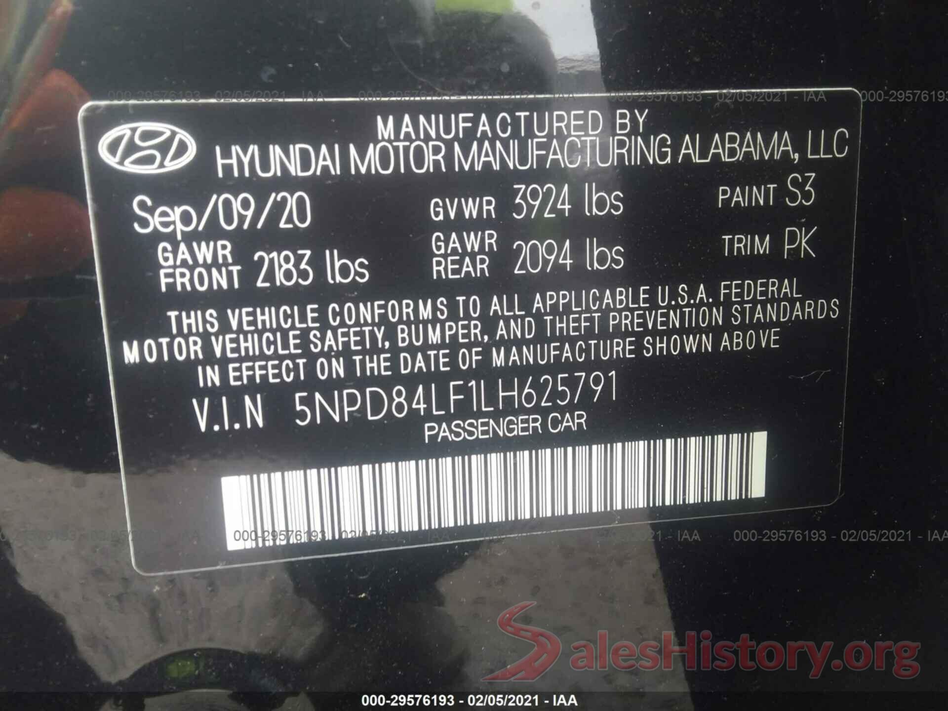 5NPD84LF1LH625791 2020 HYUNDAI ELANTRA