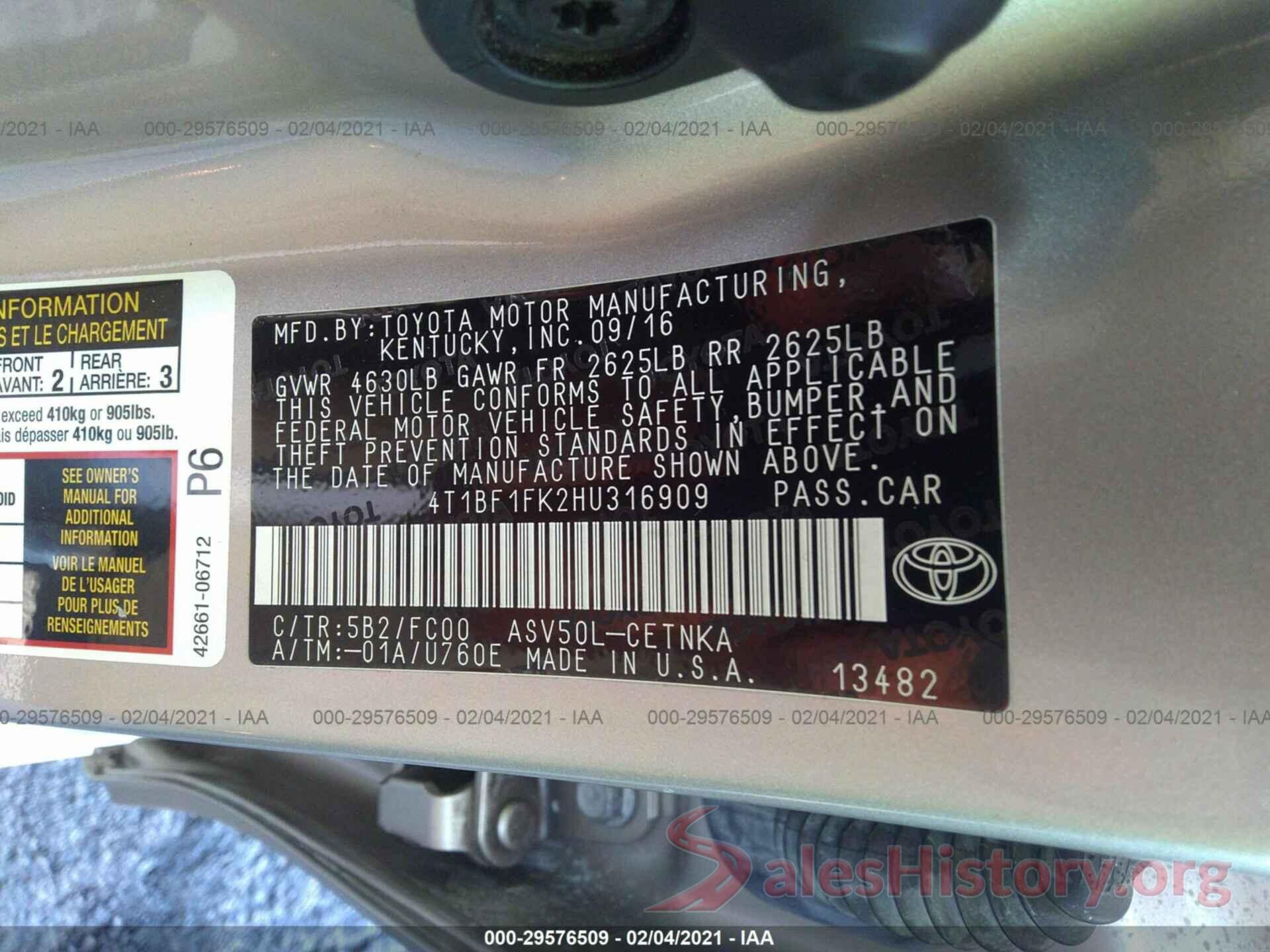 4T1BF1FK2HU316909 2017 TOYOTA CAMRY