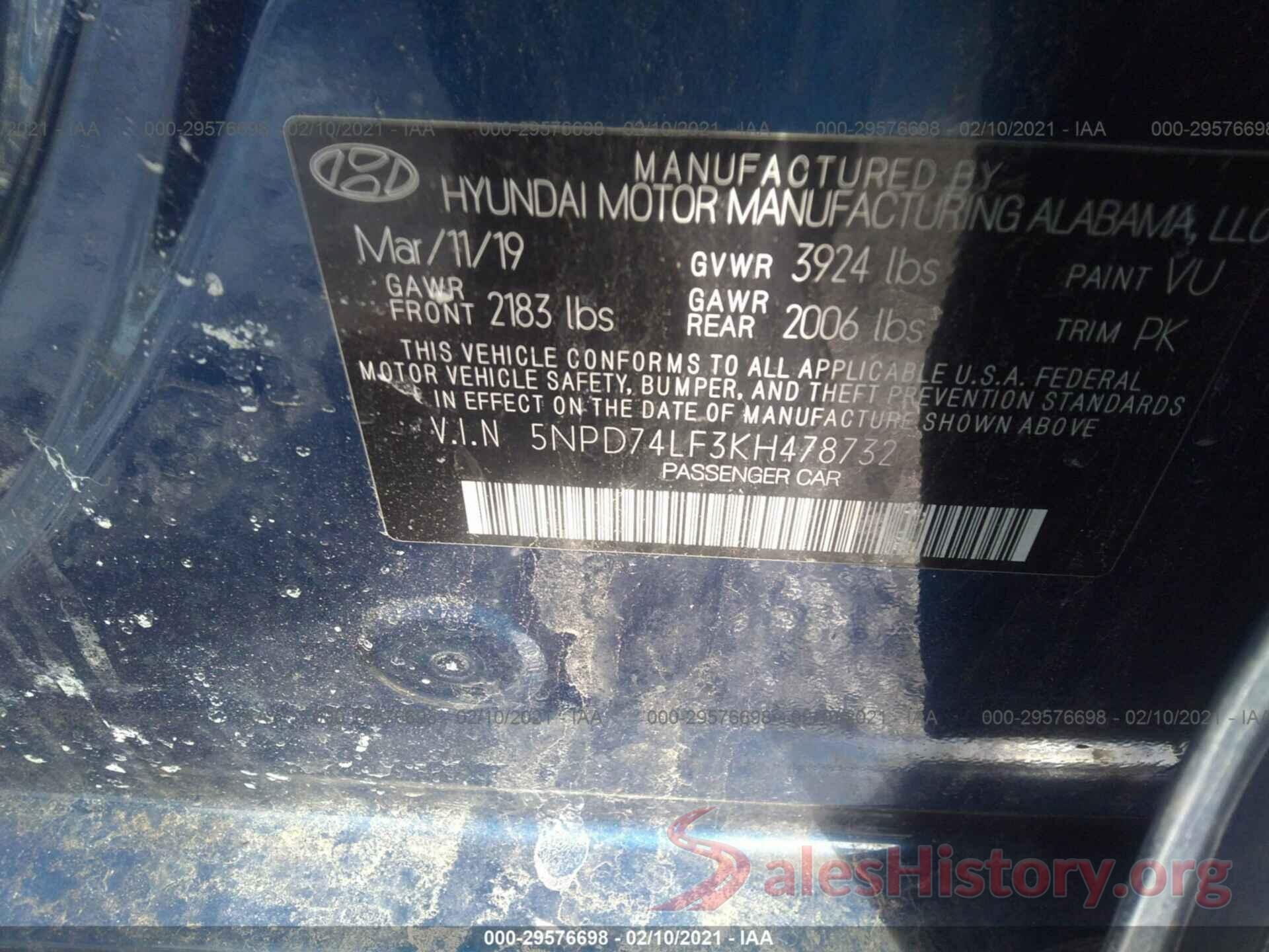 5NPD74LF3KH478732 2019 HYUNDAI ELANTRA