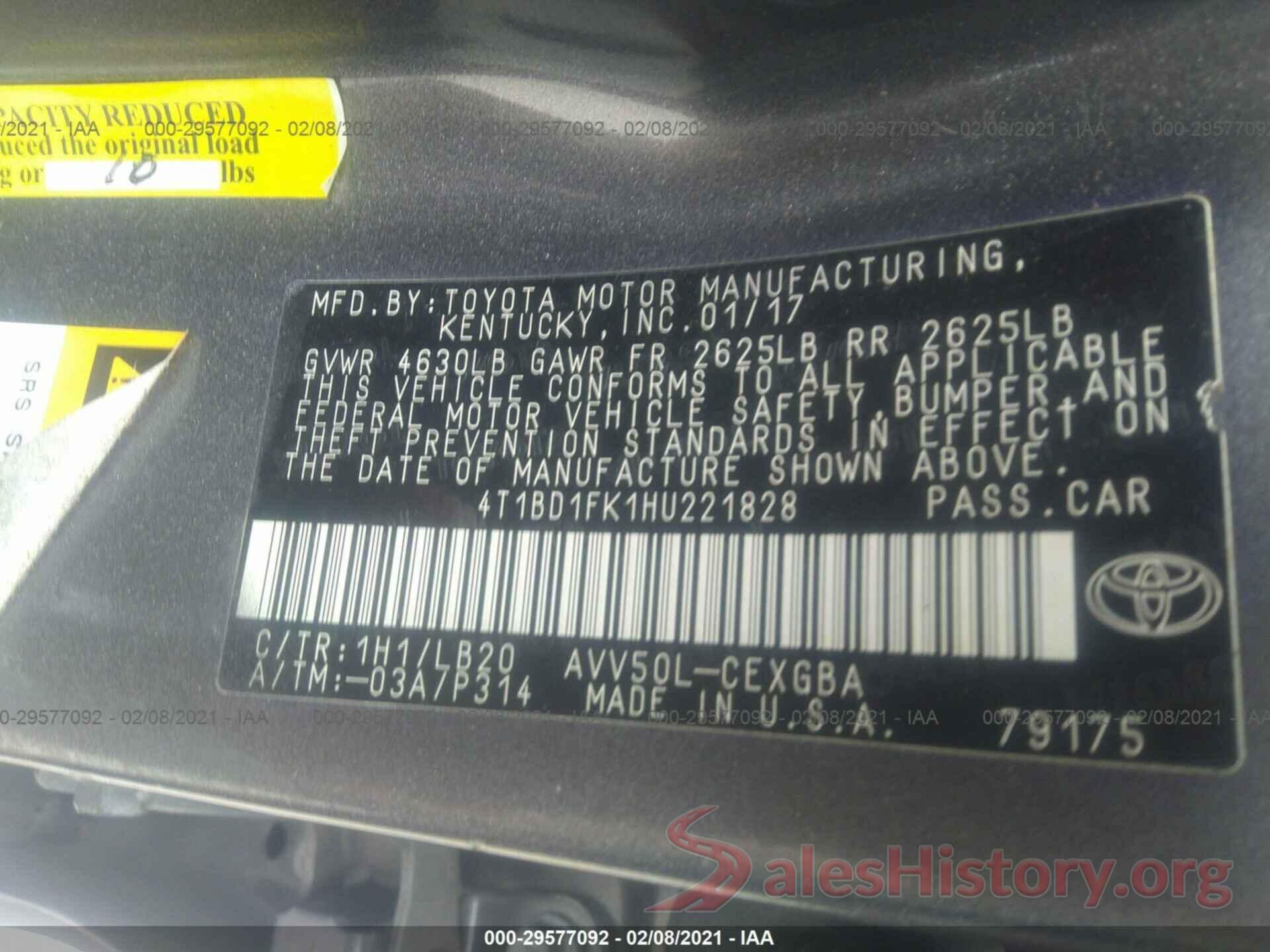 4T1BD1FK1HU221828 2017 TOYOTA CAMRY