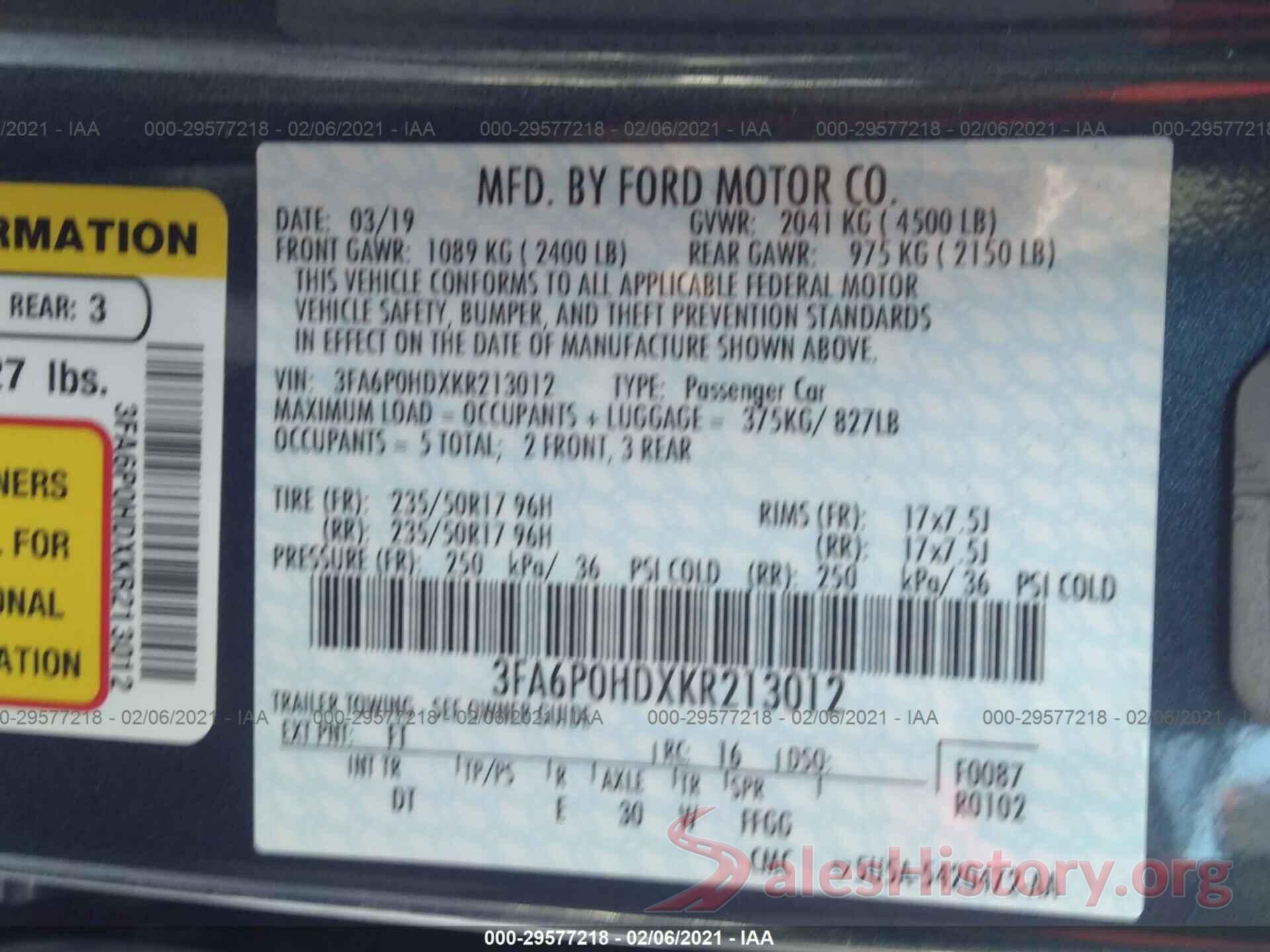 3FA6P0HDXKR213012 2019 FORD FUSION