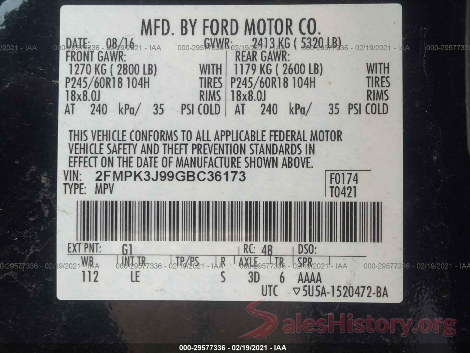 2FMPK3J99GBC36173 2016 FORD EDGE