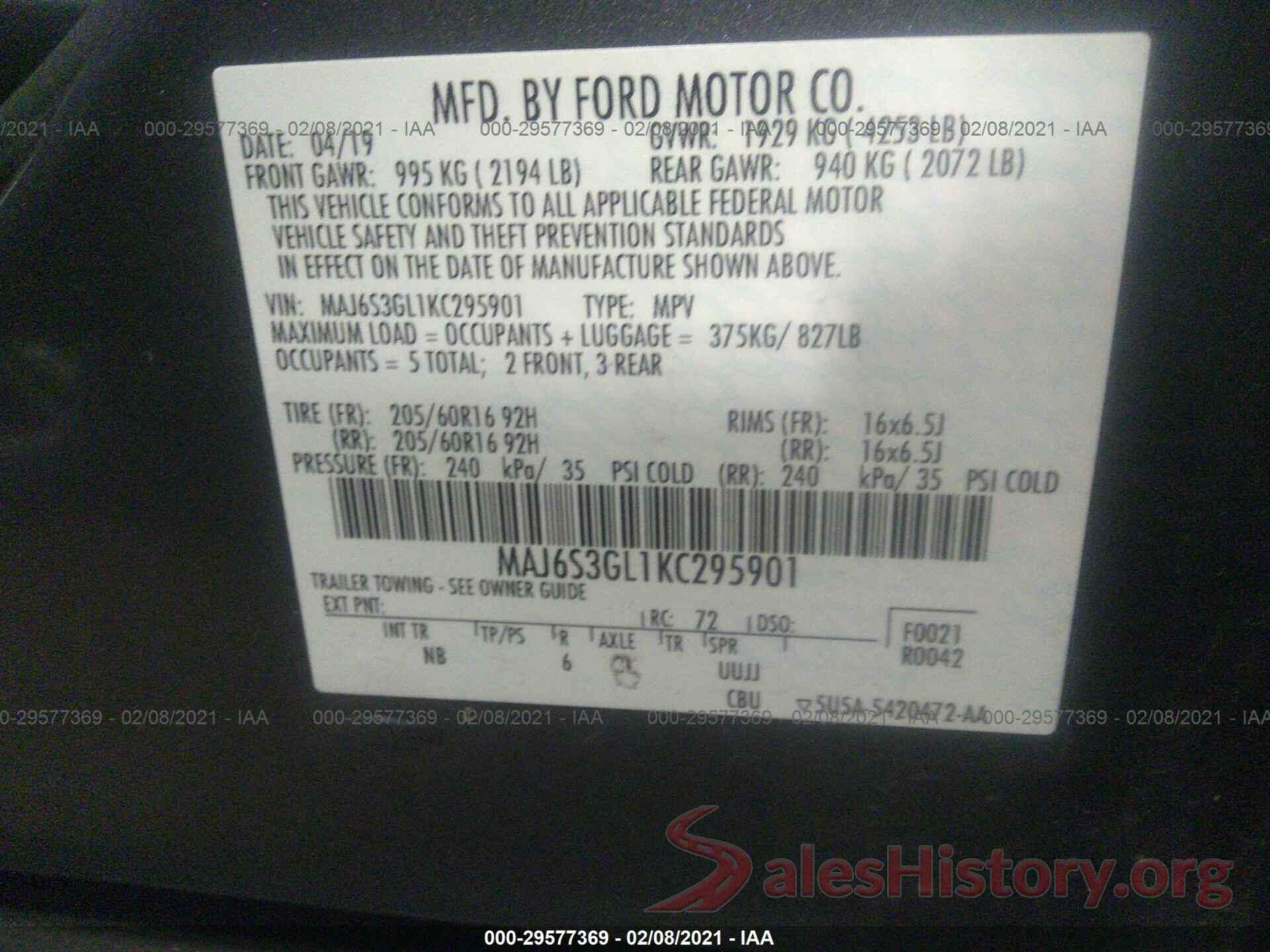 MAJ6S3GL1KC295901 2019 FORD ECOSPORT