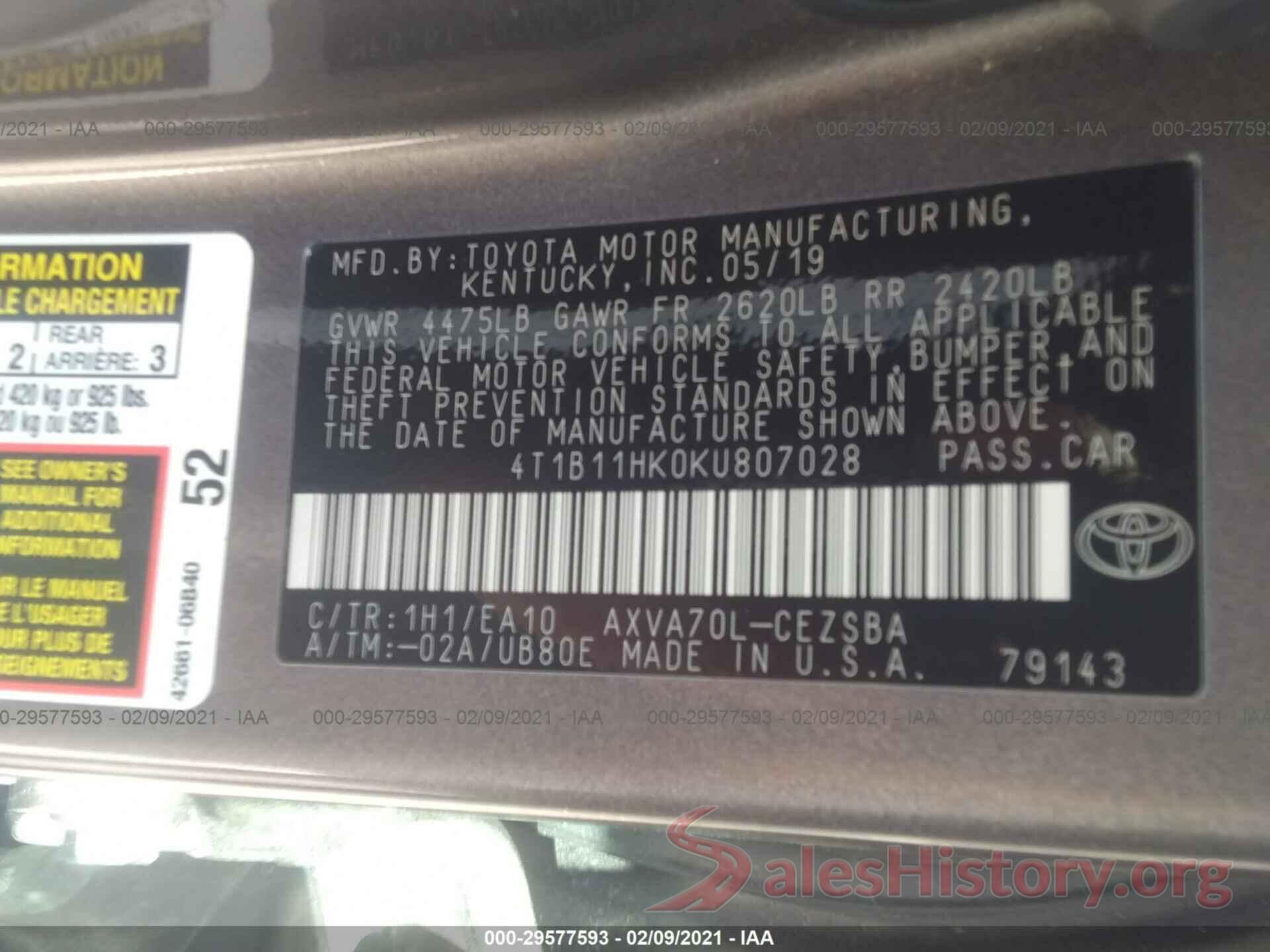 4T1B11HK0KU807028 2019 TOYOTA CAMRY