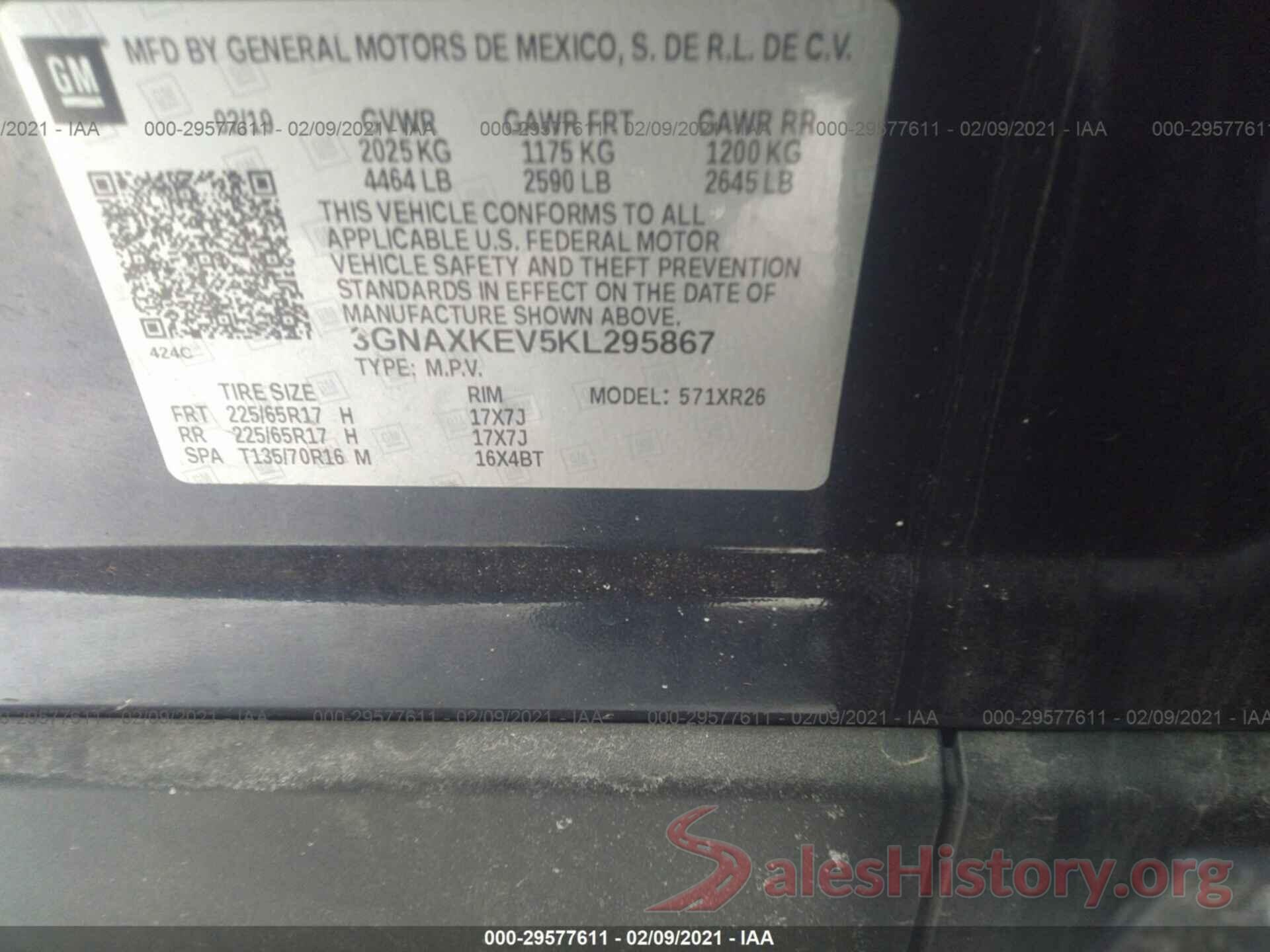 3GNAXKEV5KL295867 2019 CHEVROLET EQUINOX