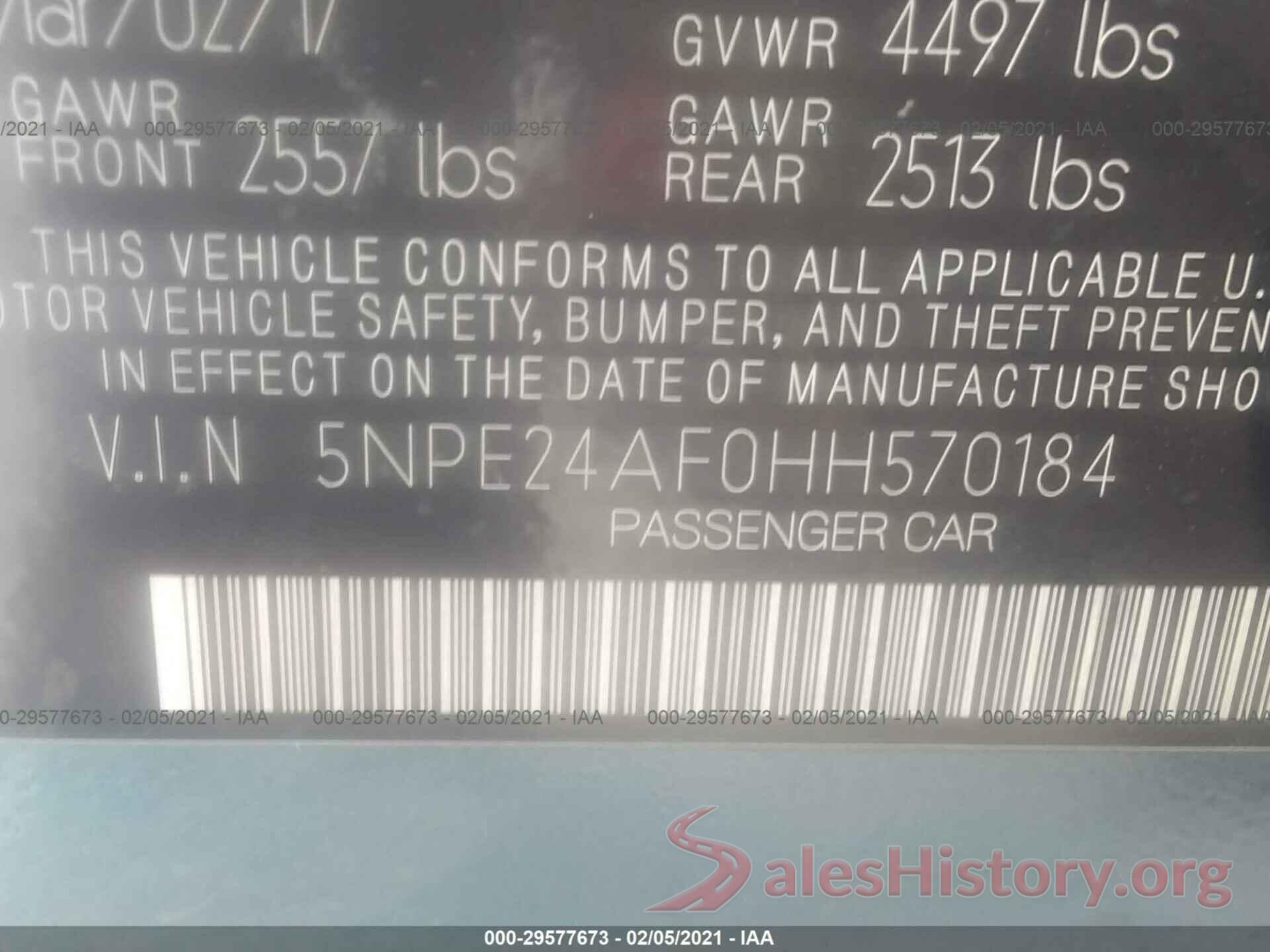 5NPE24AF0HH570184 2017 HYUNDAI SONATA