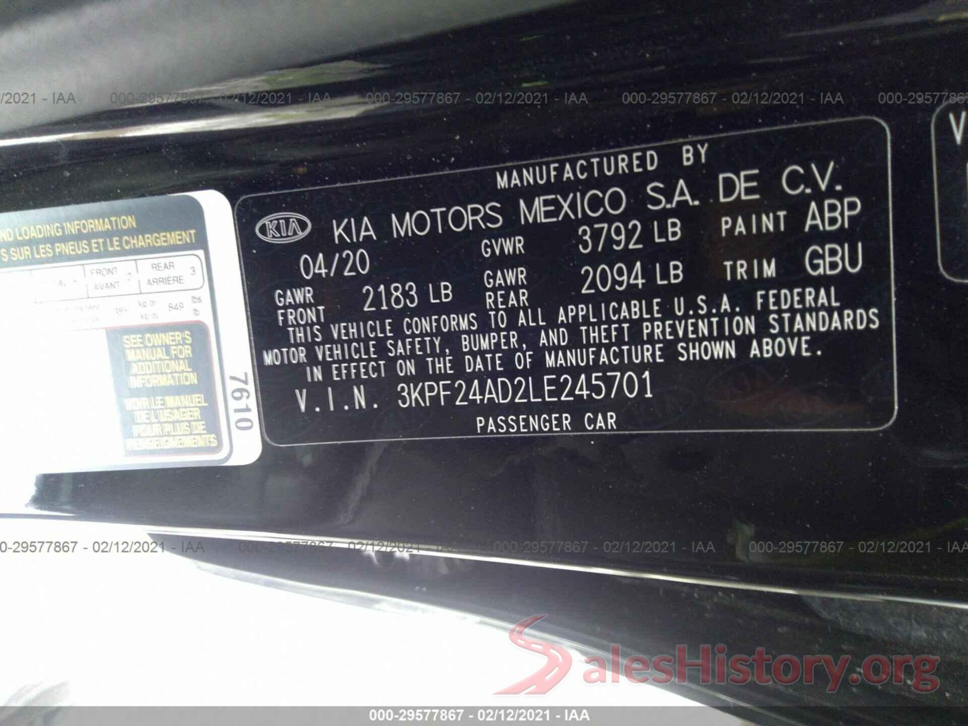 3KPF24AD2LE245701 2020 KIA FORTE