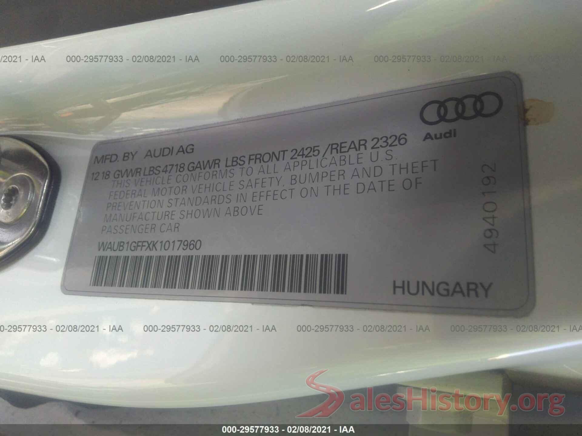 WAUB1GFFXK1017960 2019 AUDI S3