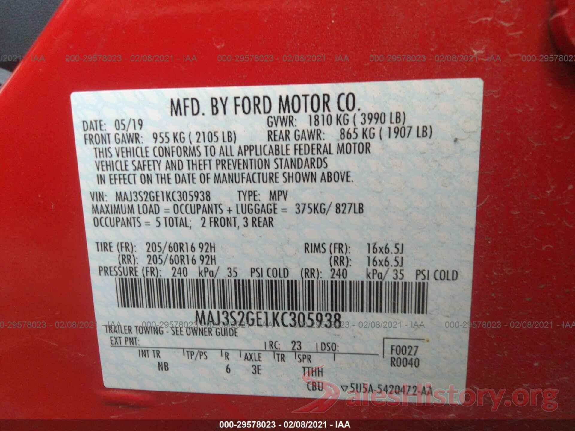 MAJ3S2GE1KC305938 2019 FORD ECOSPORT