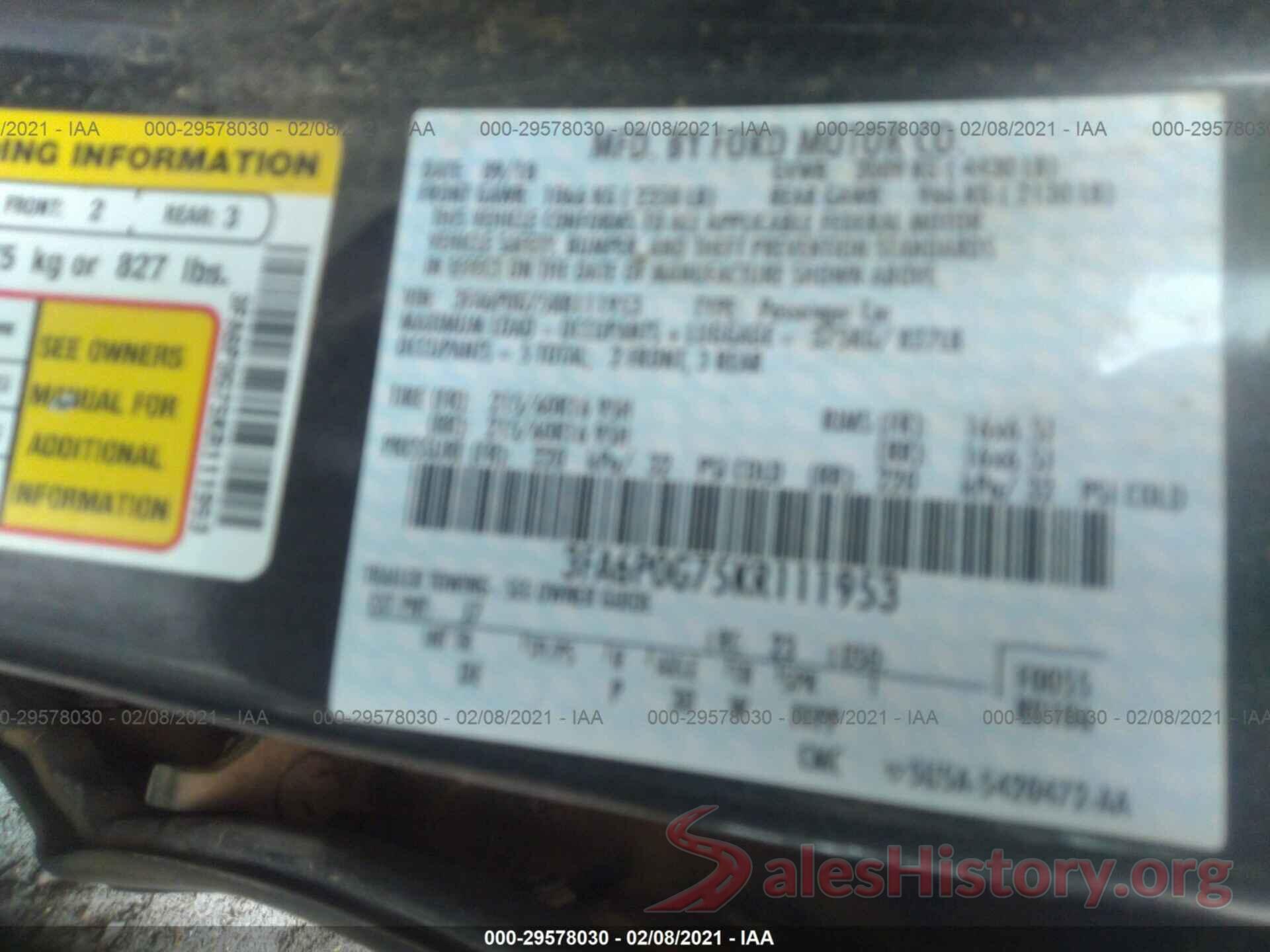 3FA6P0G75KR111953 2019 FORD FUSION