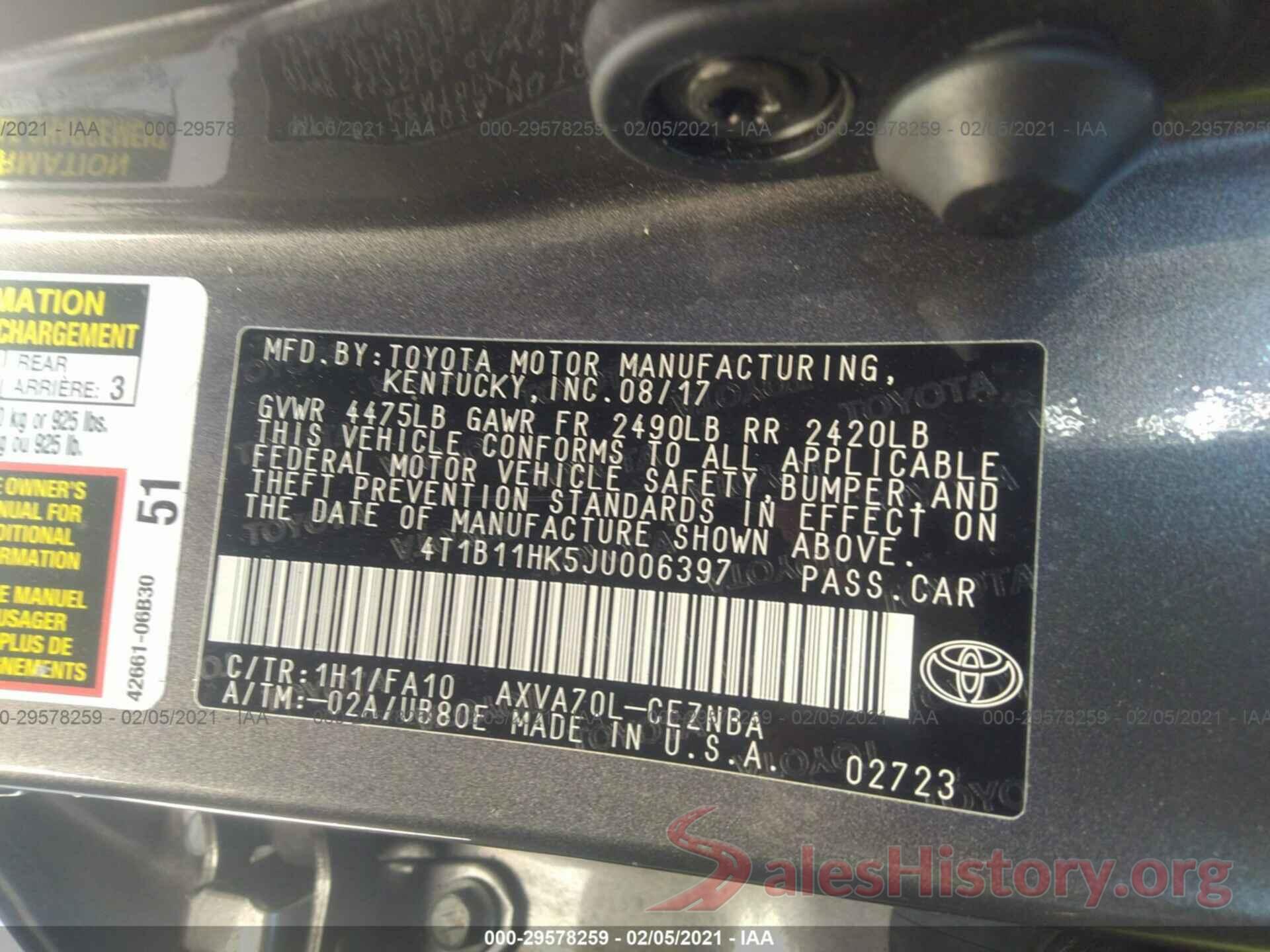 4T1B11HK5JU006397 2018 TOYOTA CAMRY