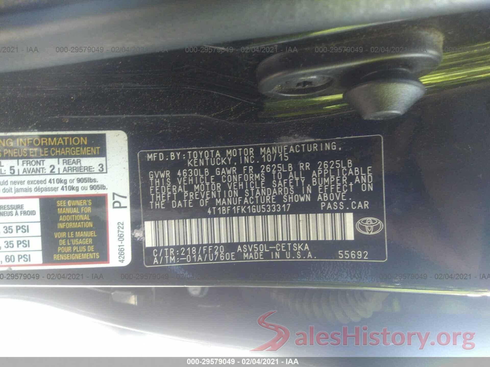 4T1BF1FK1GU533317 2016 TOYOTA CAMRY