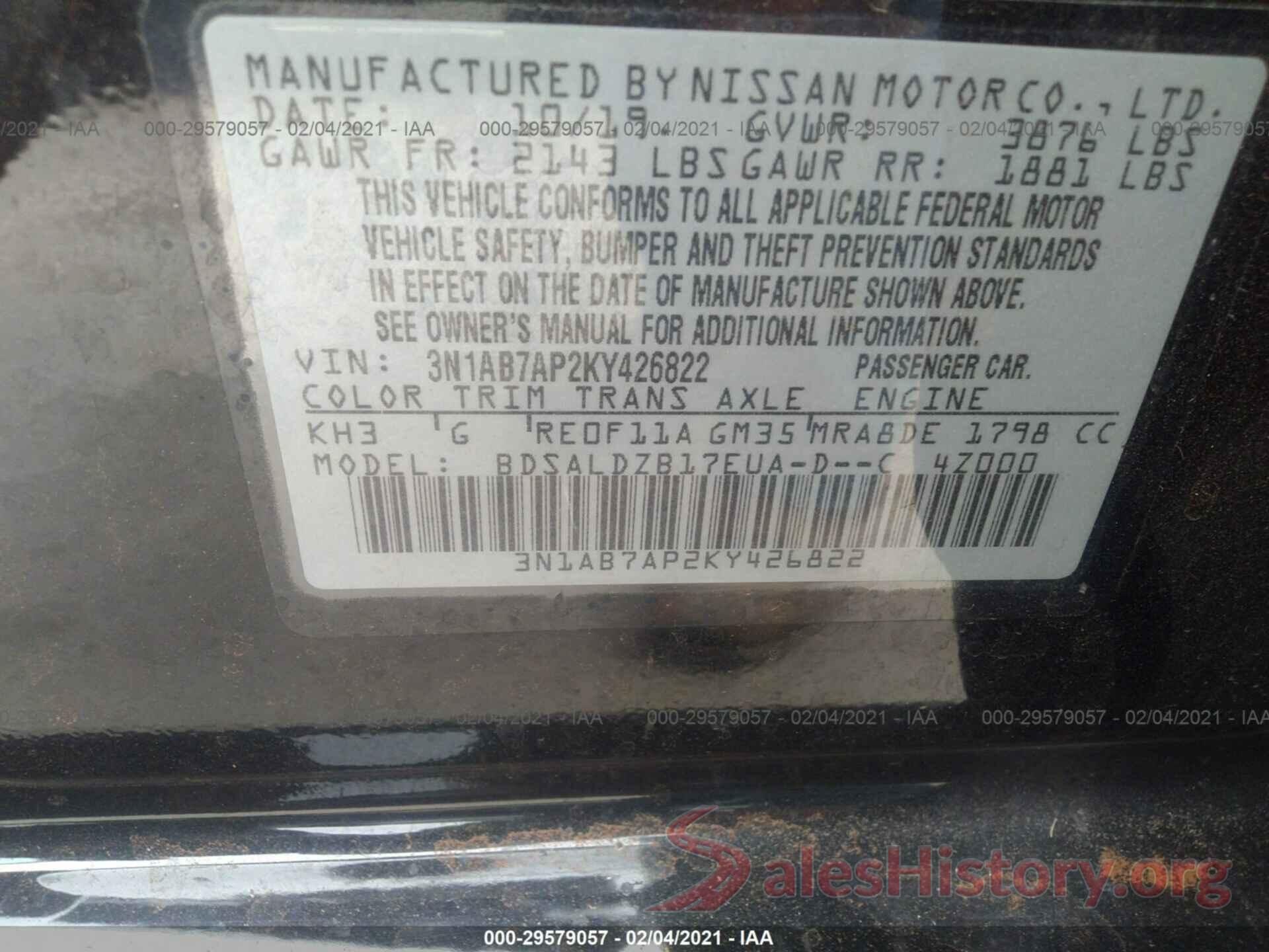 3N1AB7AP2KY426822 2019 NISSAN SENTRA