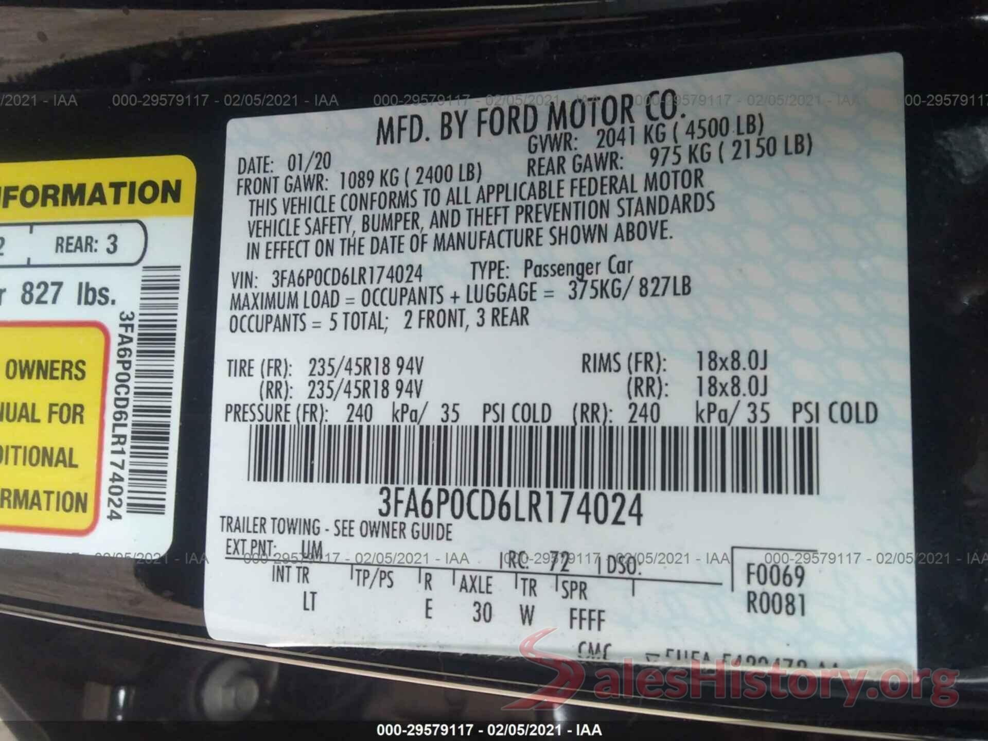 3FA6P0CD6LR174024 2020 FORD FUSION