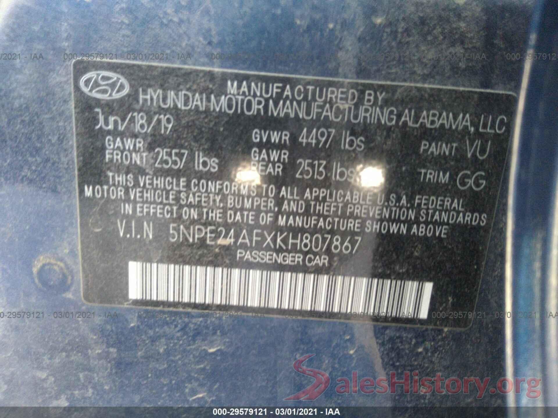 5NPE24AFXKH807867 2019 HYUNDAI SONATA