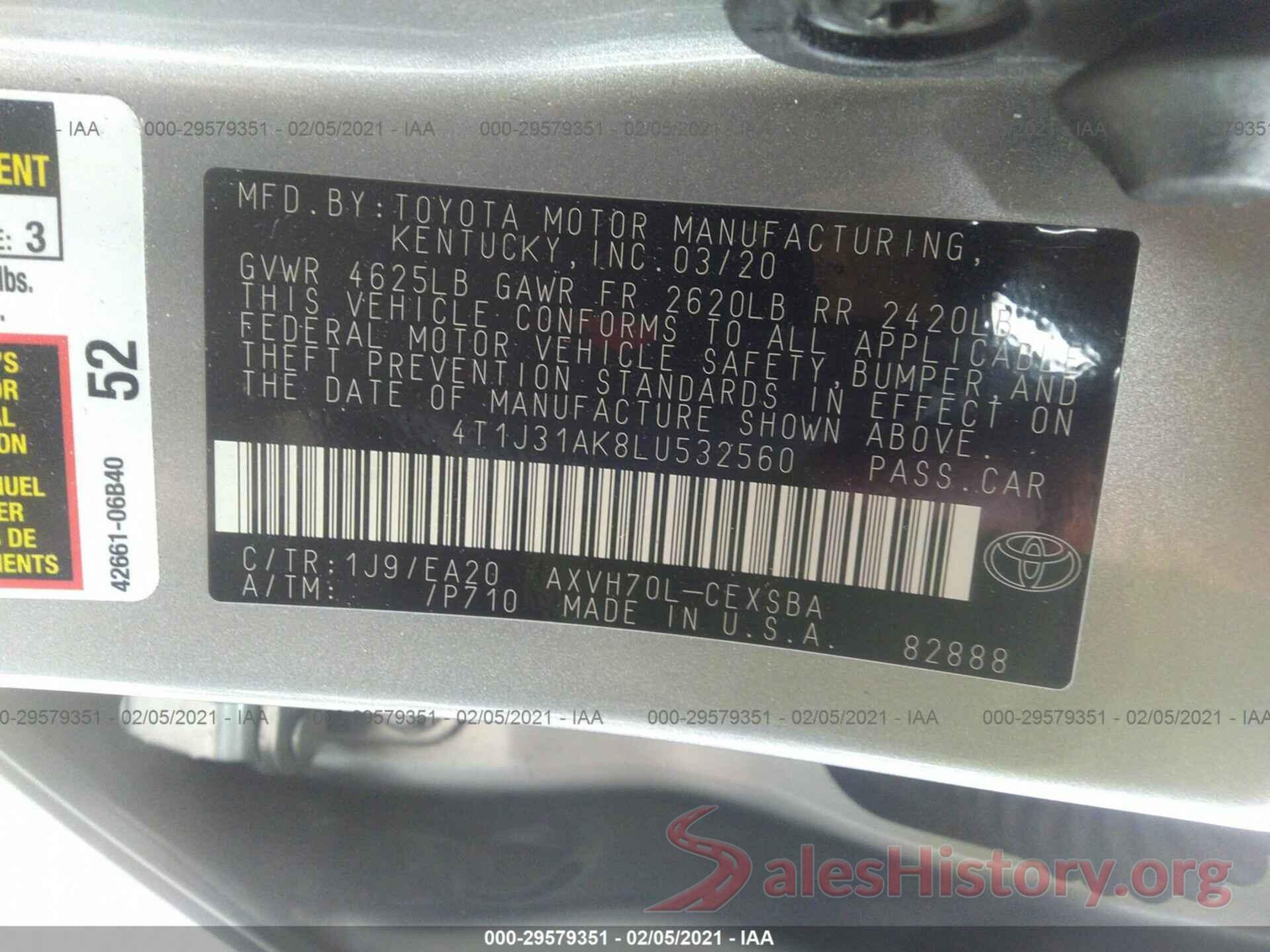 4T1J31AK8LU532560 2020 TOYOTA CAMRY