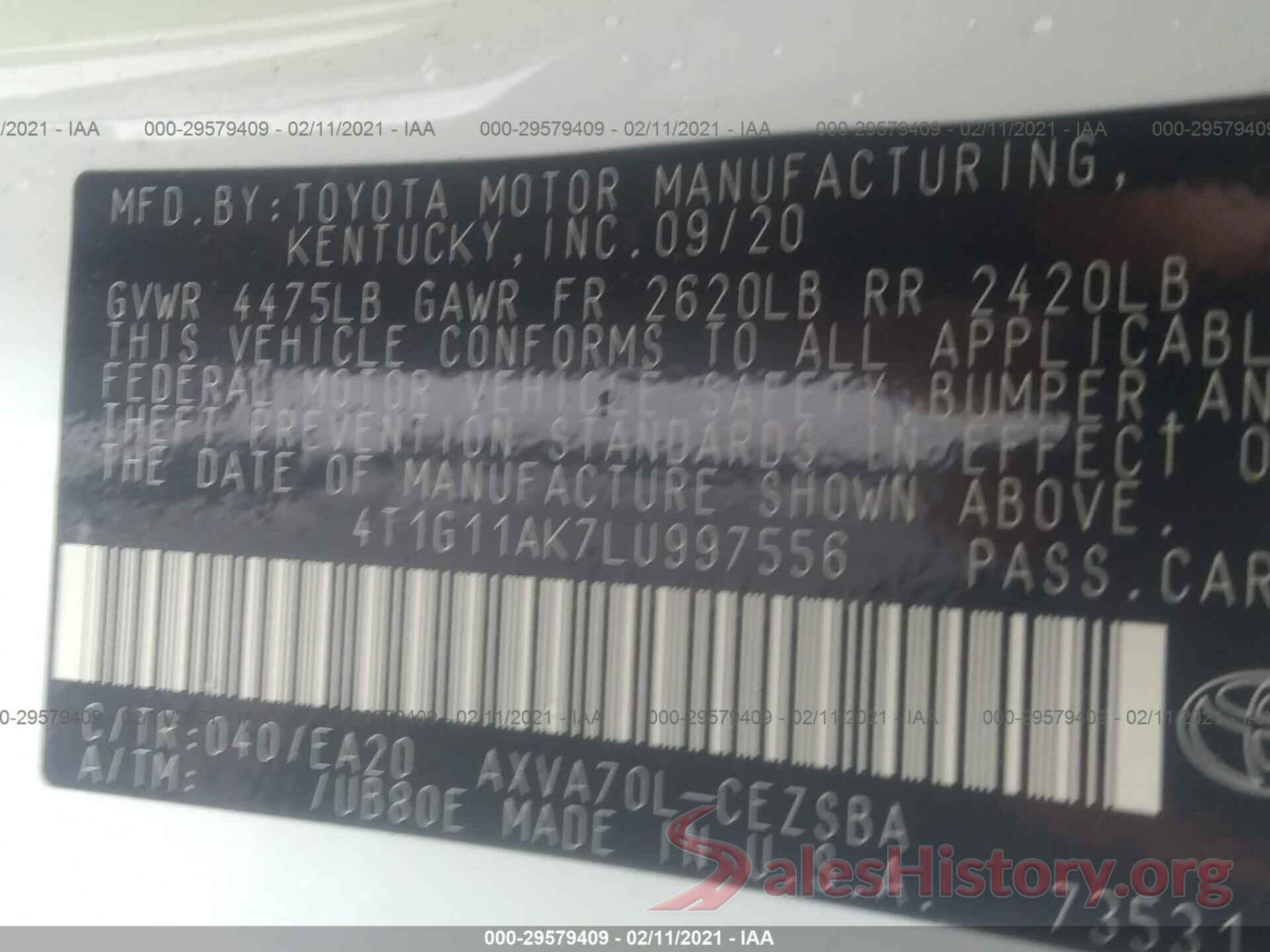 4T1G11AK7LU997556 2020 TOYOTA CAMRY