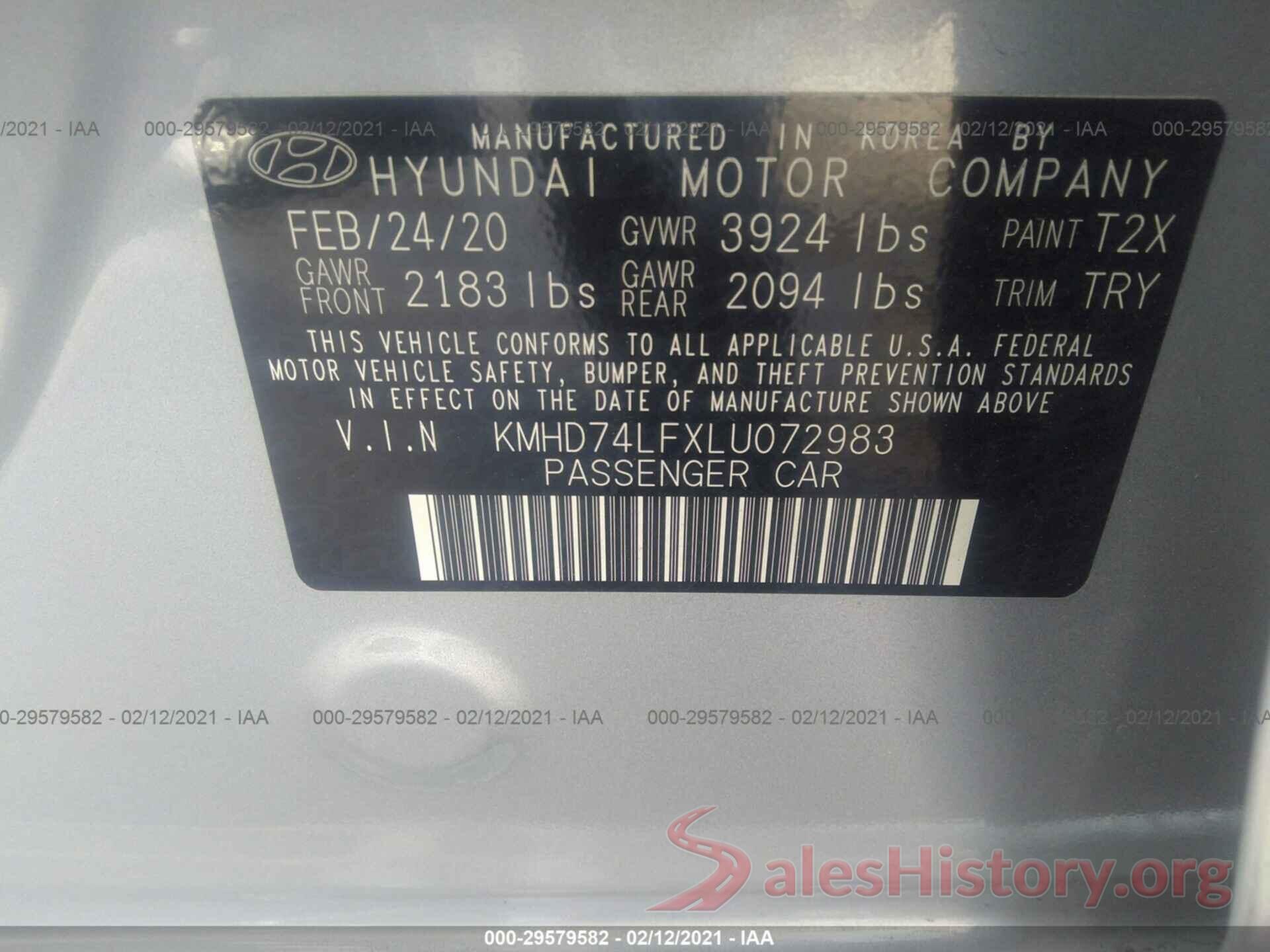 KMHD74LFXLU072983 2020 HYUNDAI ELANTRA