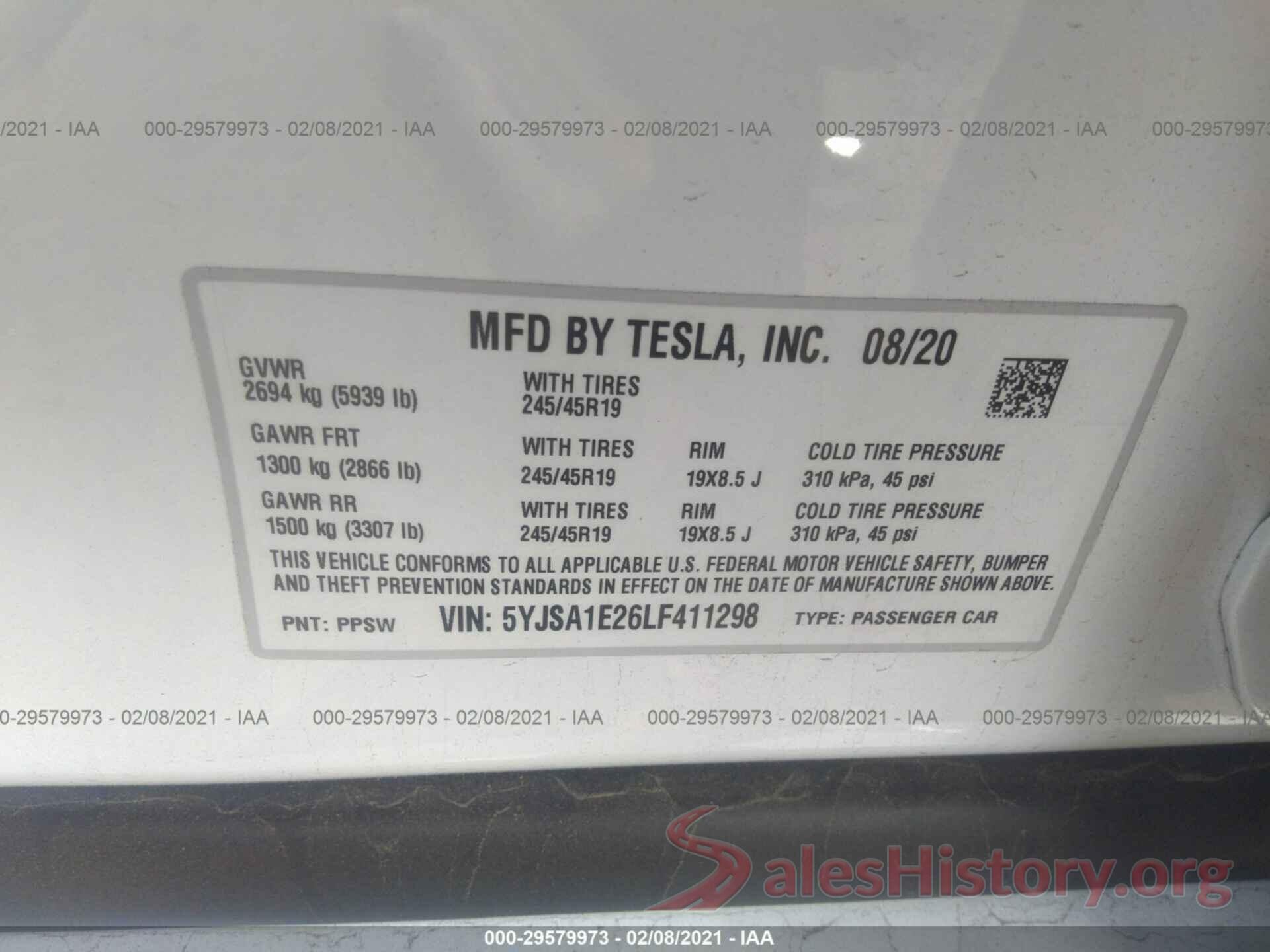 5YJSA1E26LF411298 2020 TESLA MODEL S