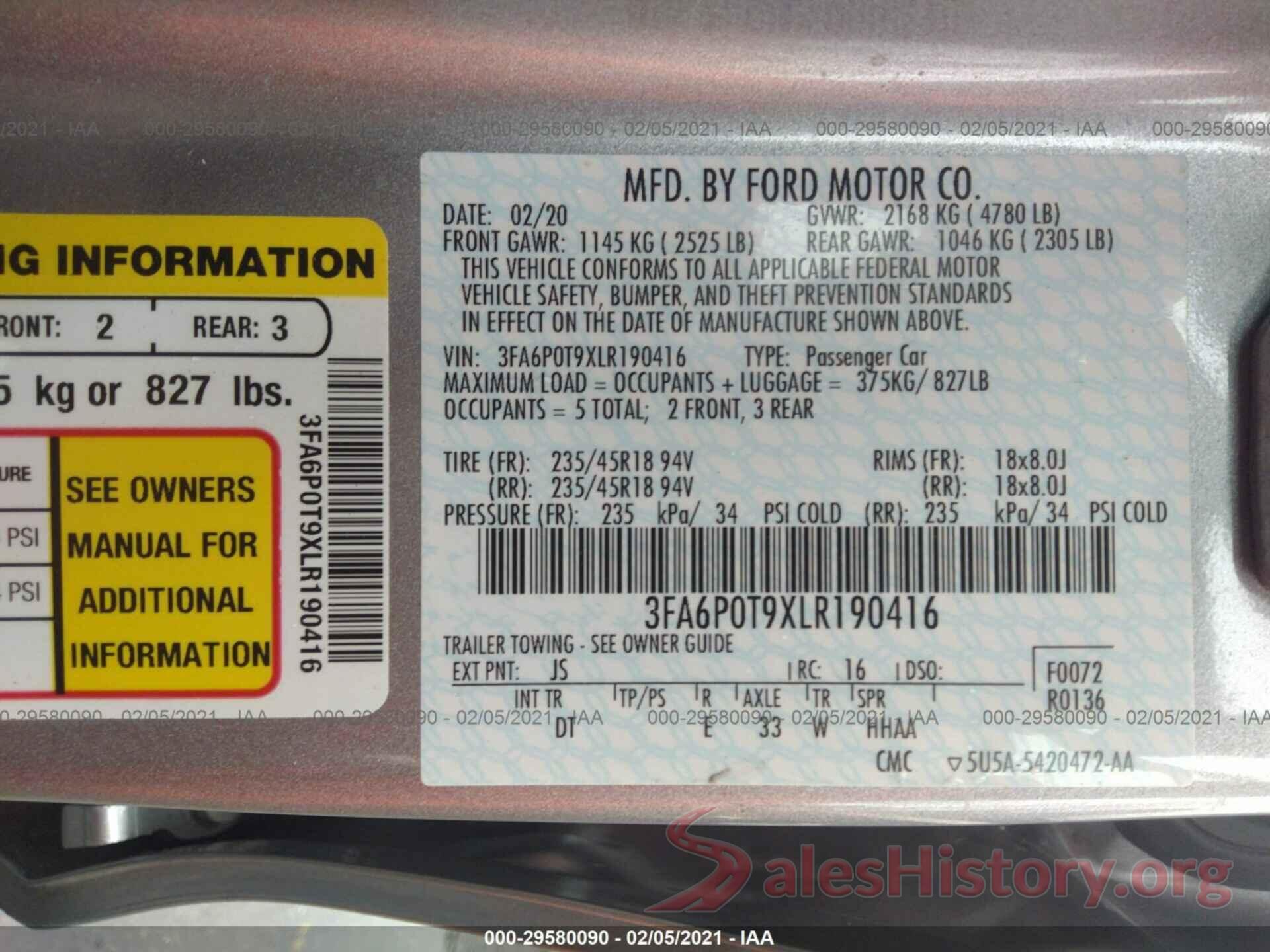 3FA6P0T9XLR190416 2020 FORD FUSION