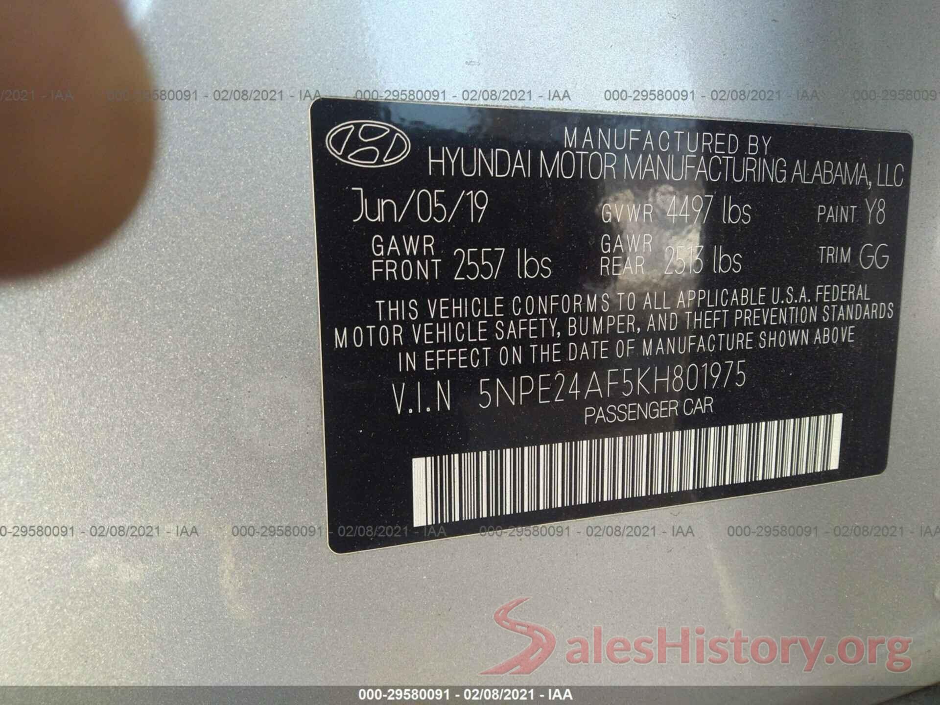 5NPE24AF5KH801975 2019 HYUNDAI SONATA