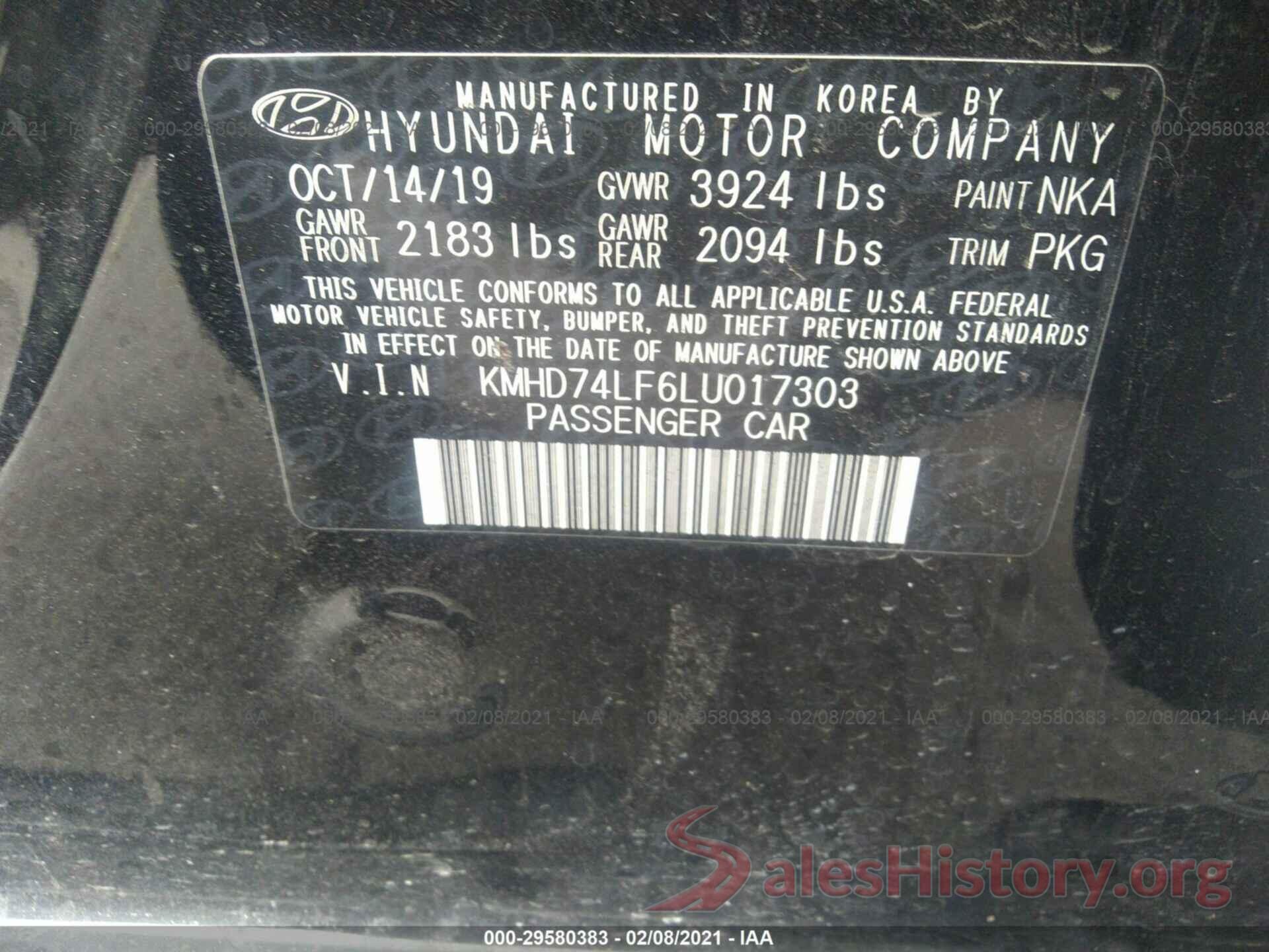 KMHD74LF6LU017303 2020 HYUNDAI ELANTRA