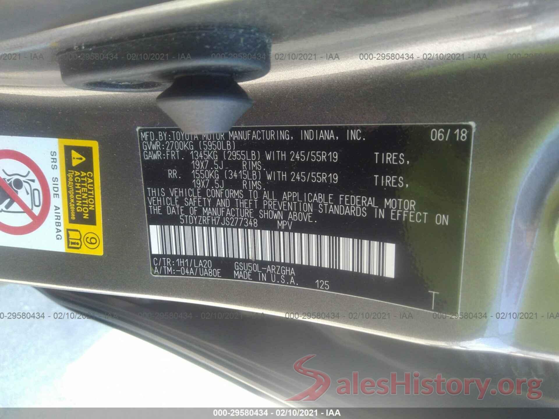 5TDYZRFH7JS277348 2018 TOYOTA HIGHLANDER