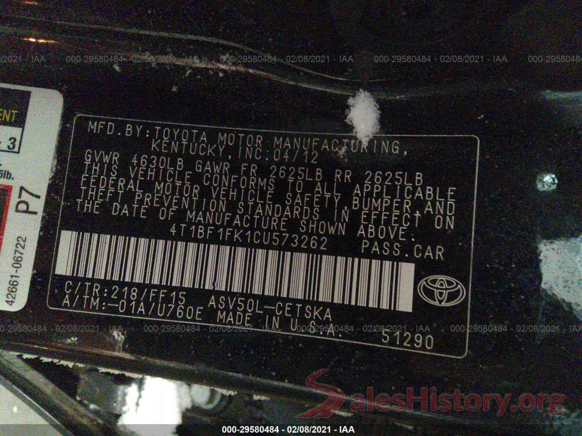 4T1BF1FK1CU573262 2012 TOYOTA CAMRY