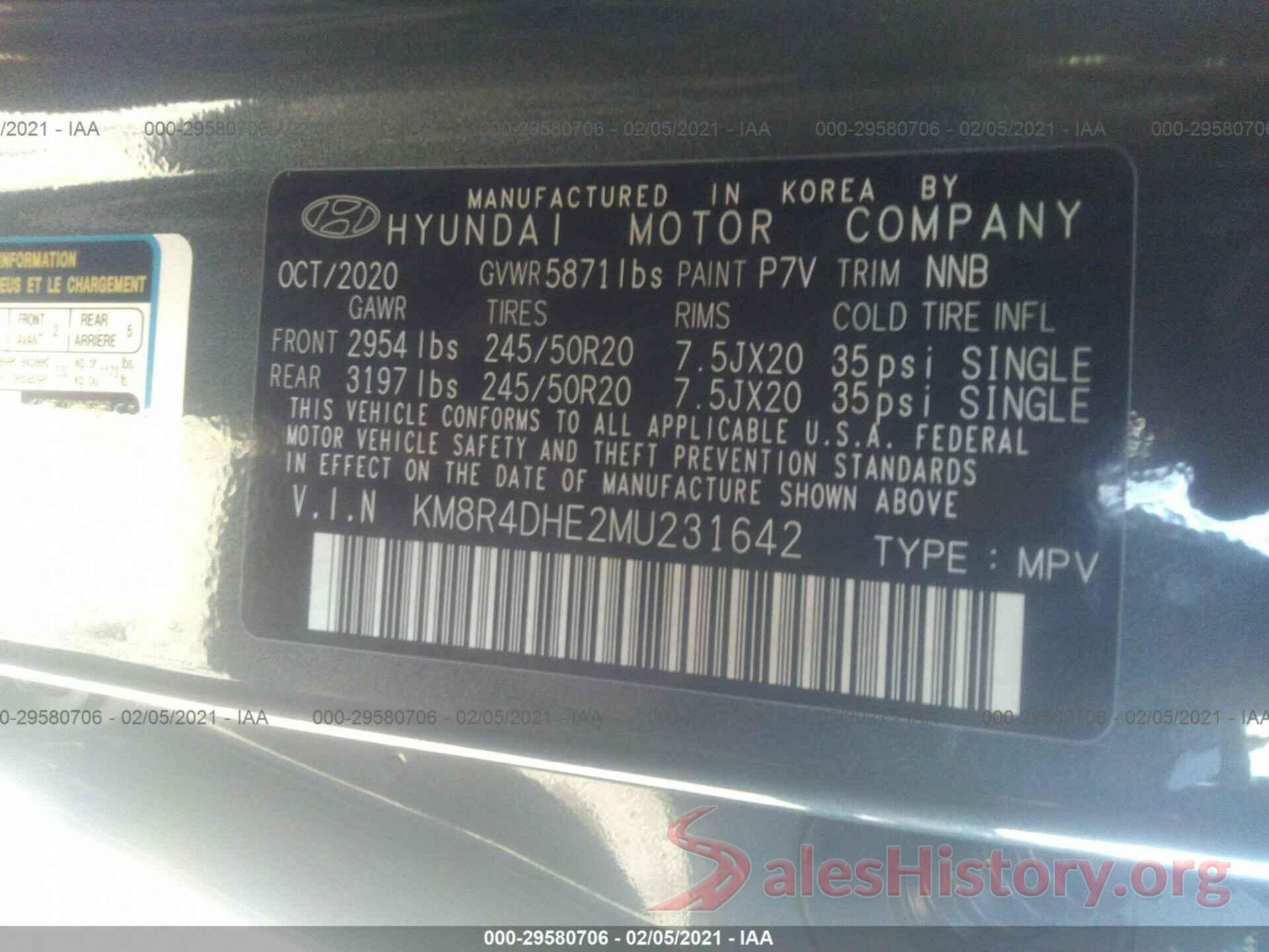 KM8R4DHE2MU231642 2021 HYUNDAI PALISADE