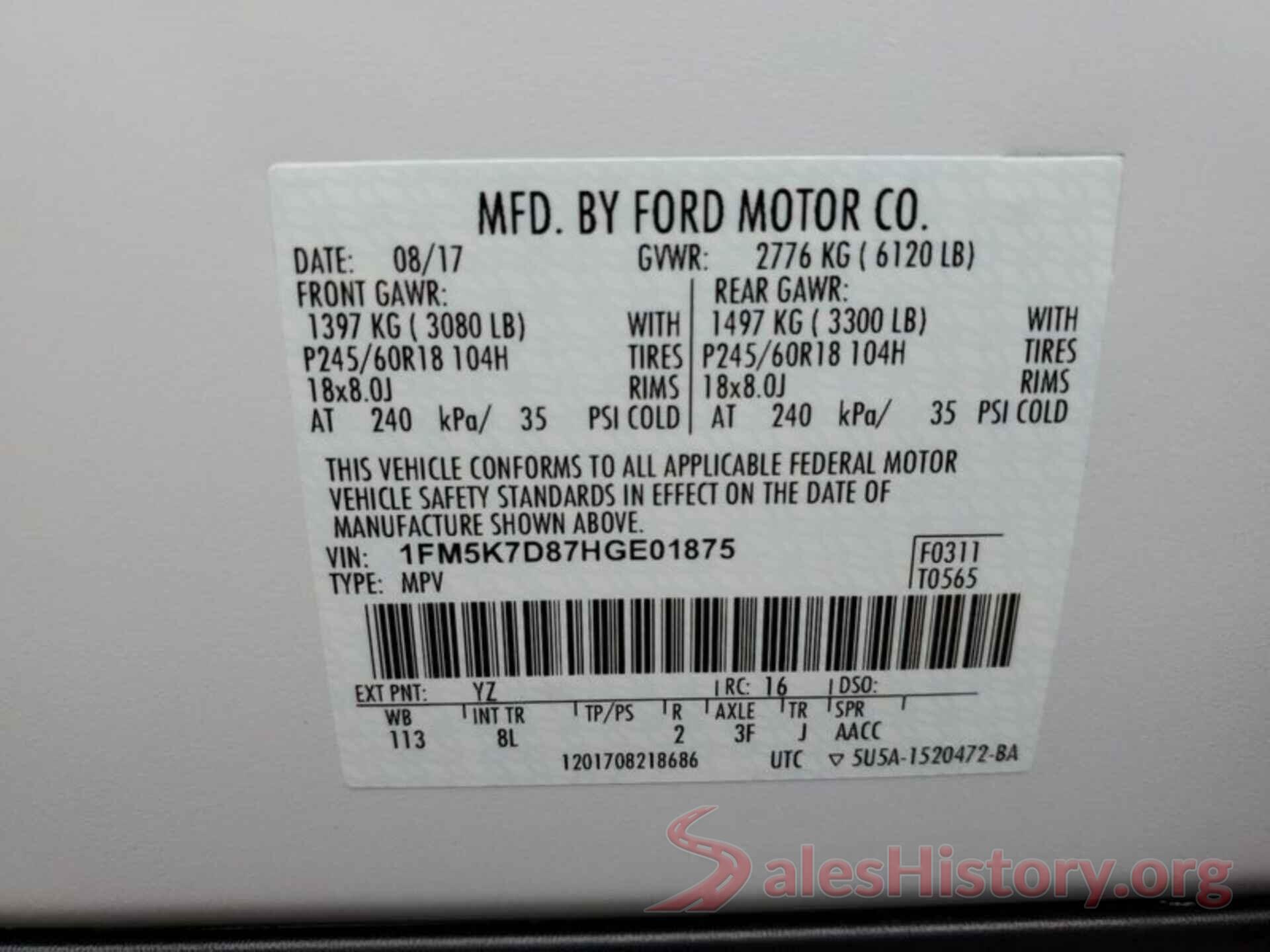 1FM5K7D87HGE01875 2017 FORD EXPLORER