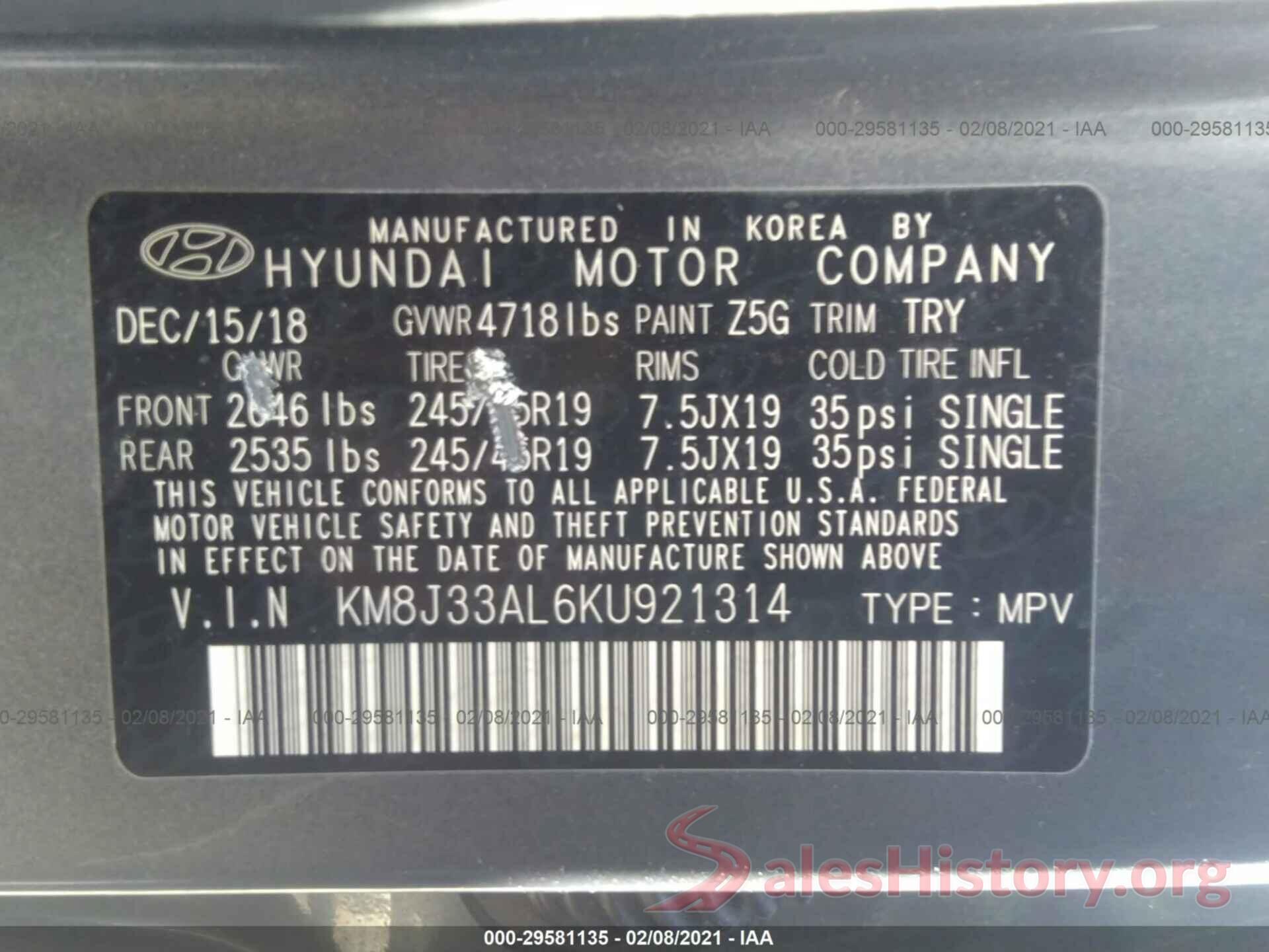 KM8J33AL6KU921314 2019 HYUNDAI TUCSON