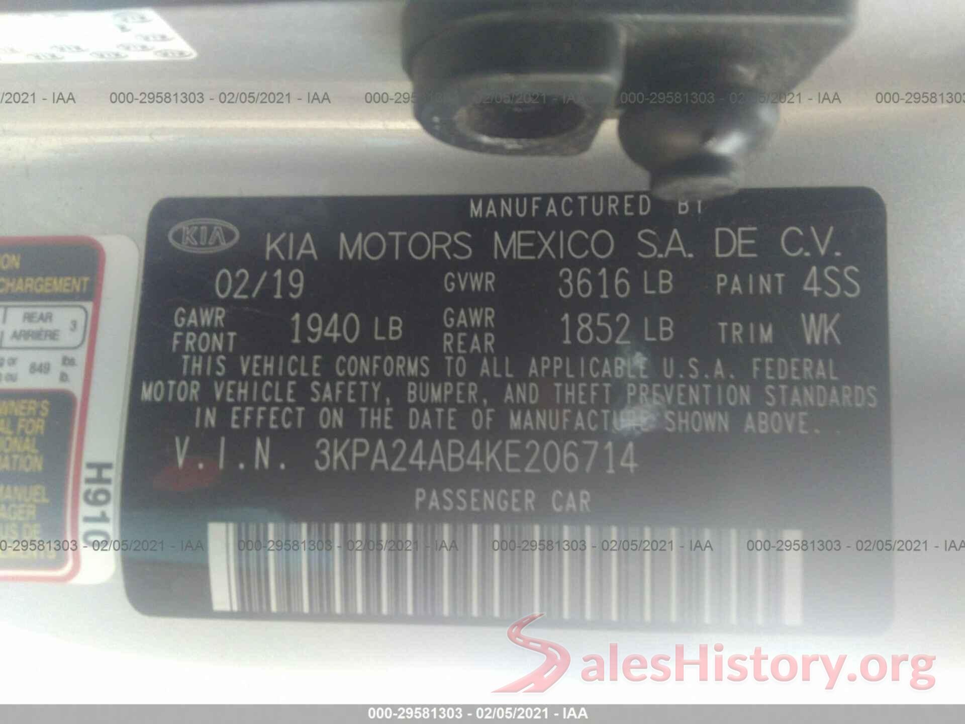 3KPA24AB4KE206714 2019 KIA RIO