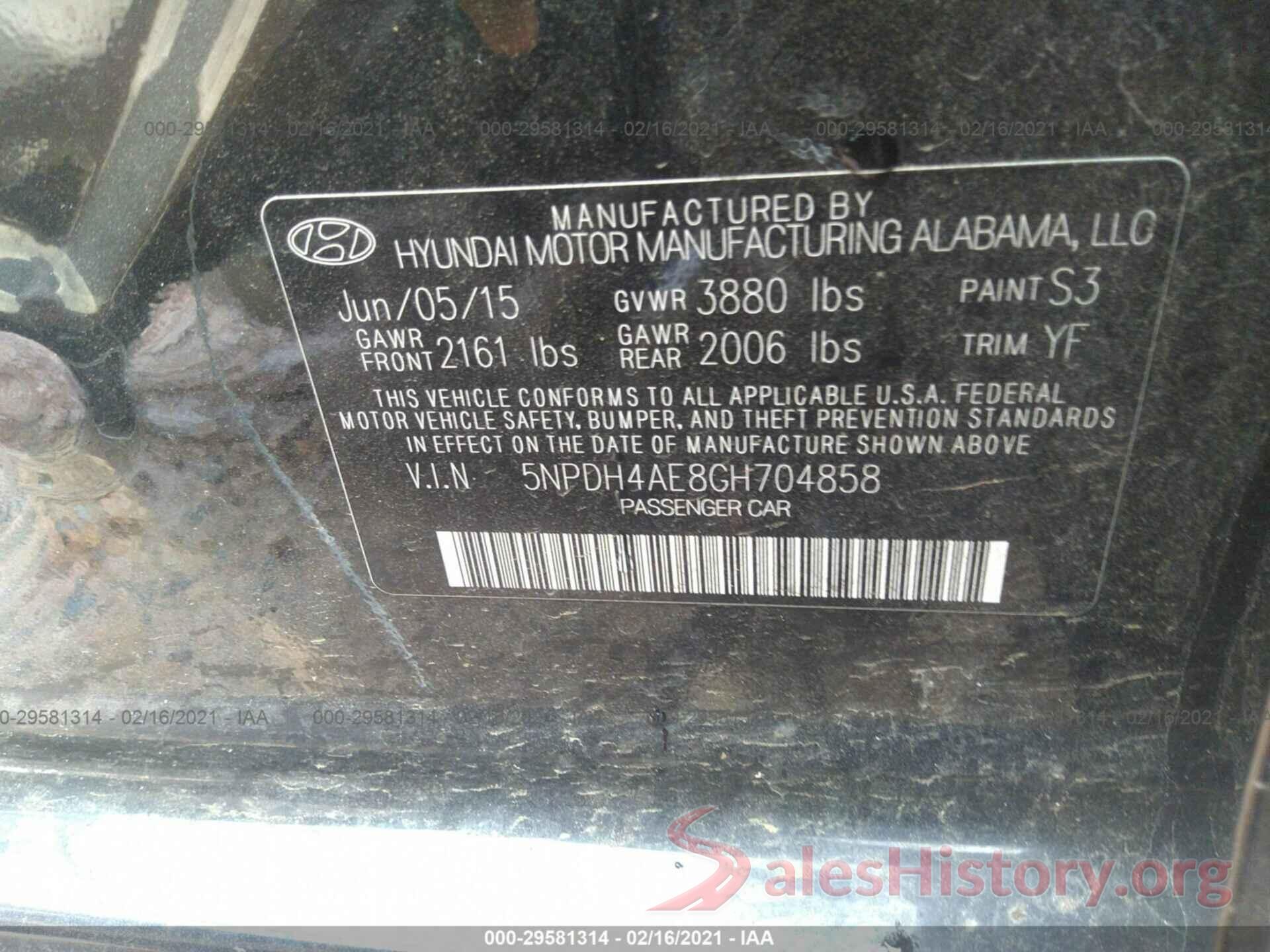 5NPDH4AE8GH704858 2016 HYUNDAI ELANTRA