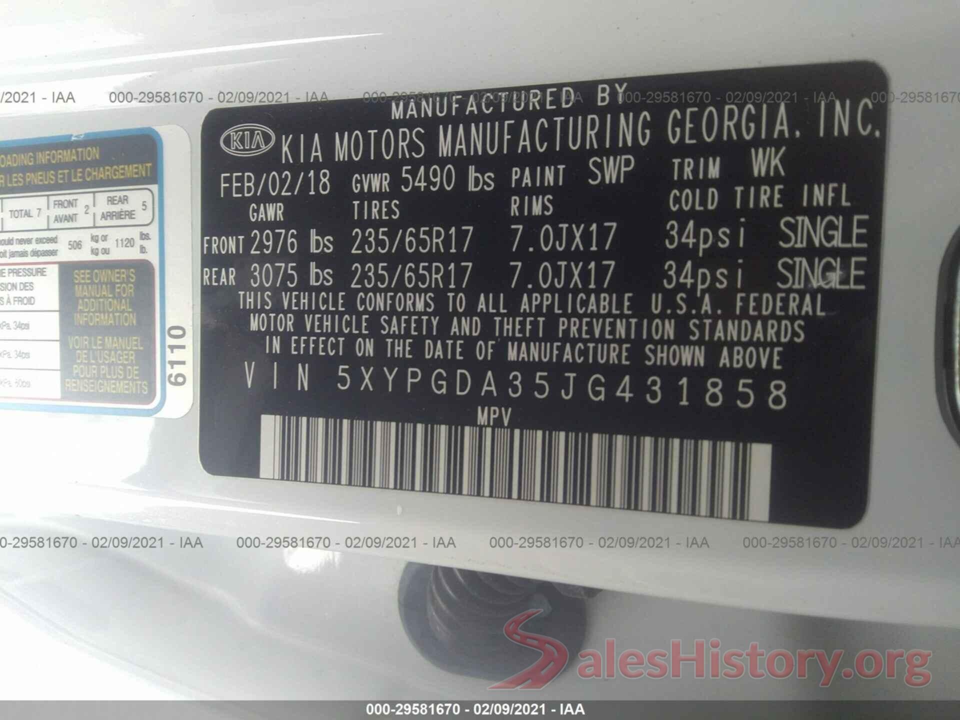 5XYPGDA35JG431858 2018 KIA SORENTO