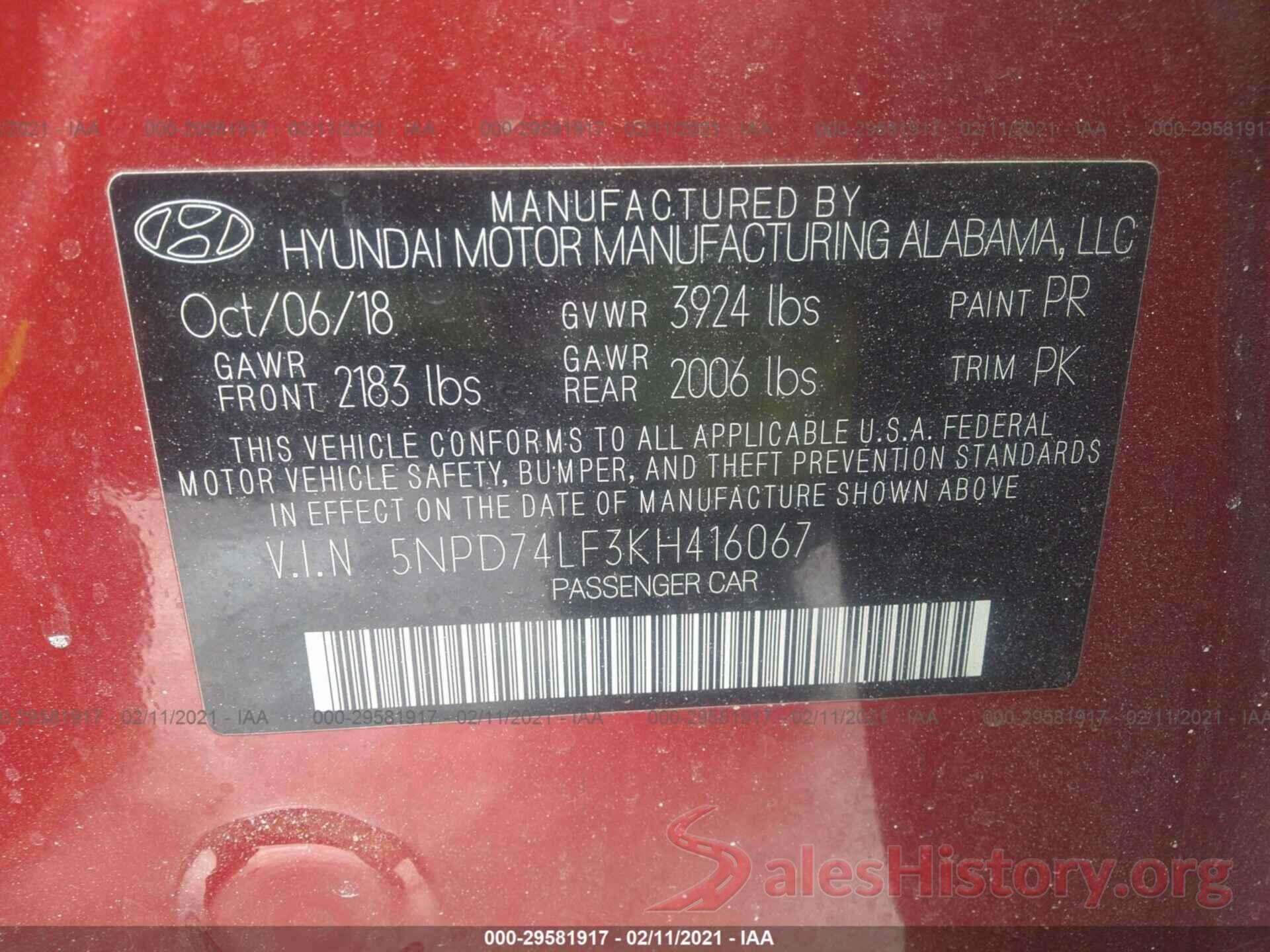 5NPD74LF3KH416067 2019 HYUNDAI ELANTRA