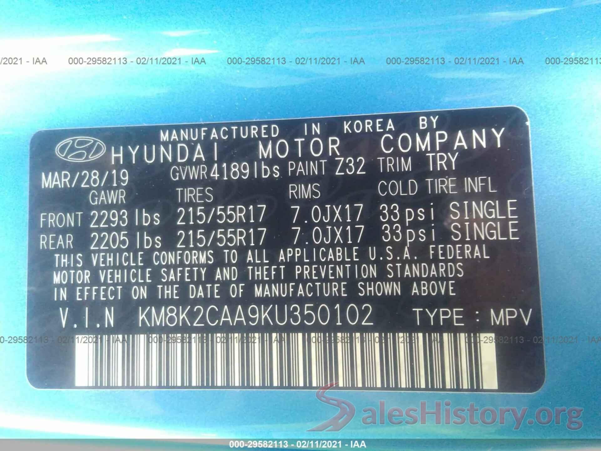 KM8K2CAA9KU350102 2019 HYUNDAI KONA