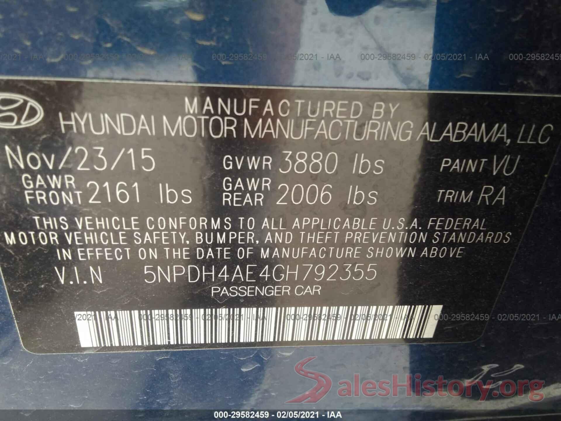 5NPDH4AE4GH792355 2016 HYUNDAI ELANTRA