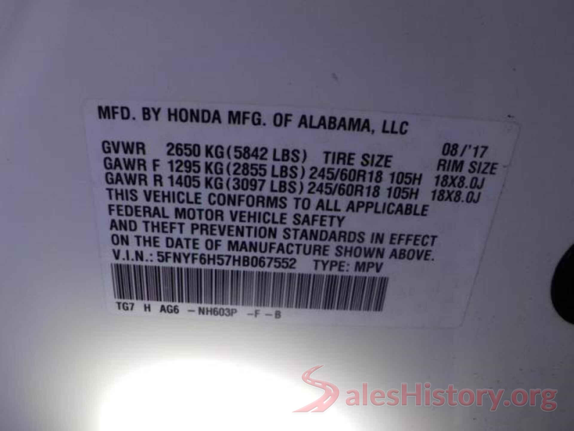 5FNYF6H57HB067552 2017 HONDA PILOT