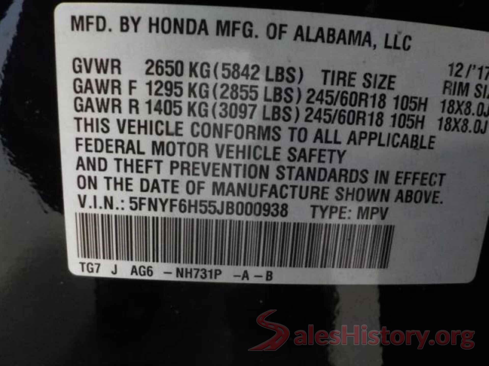 5FNYF6H55JB000938 2018 HONDA PILOT