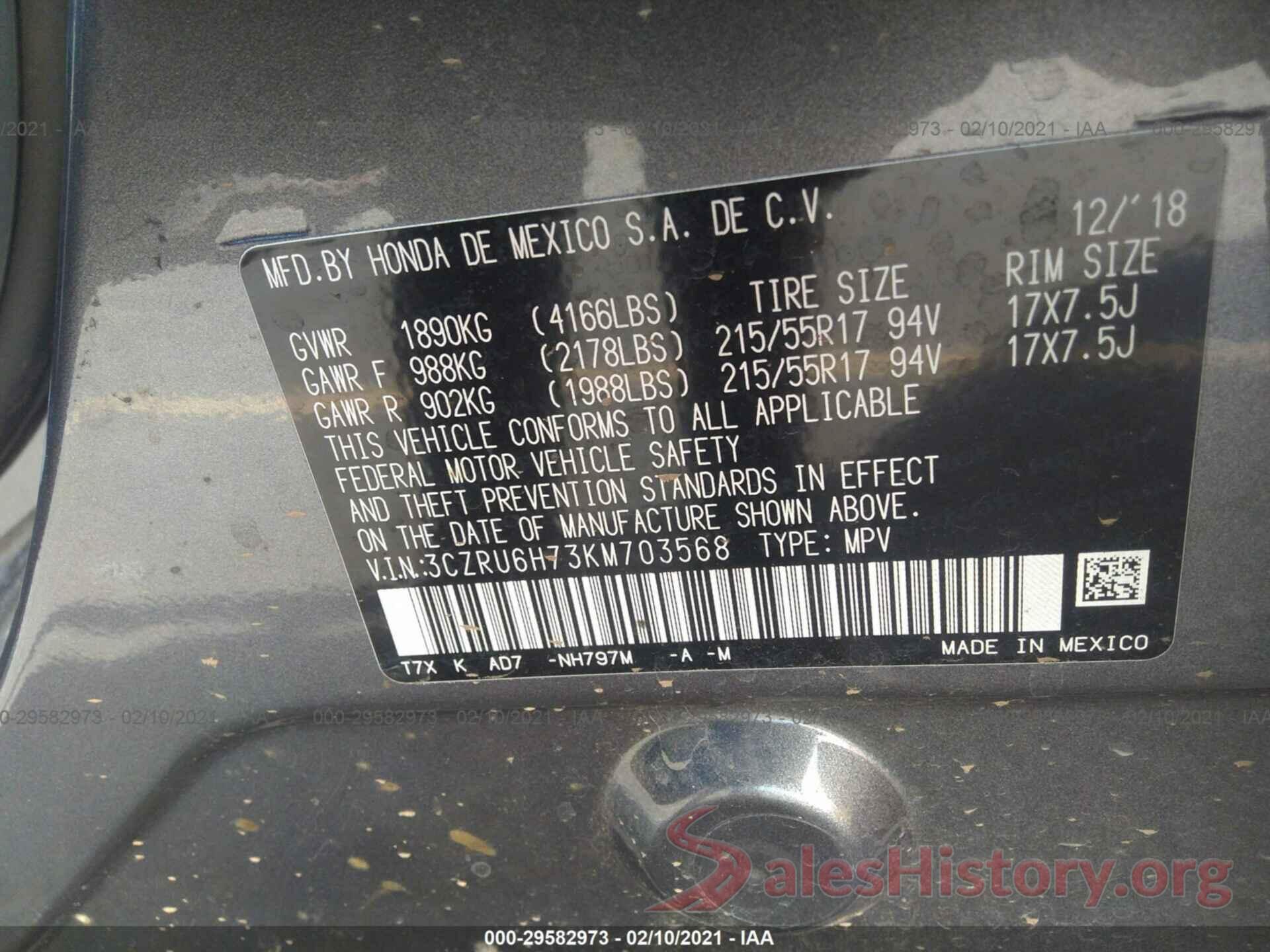 3CZRU6H73KM703568 2019 HONDA HR-V