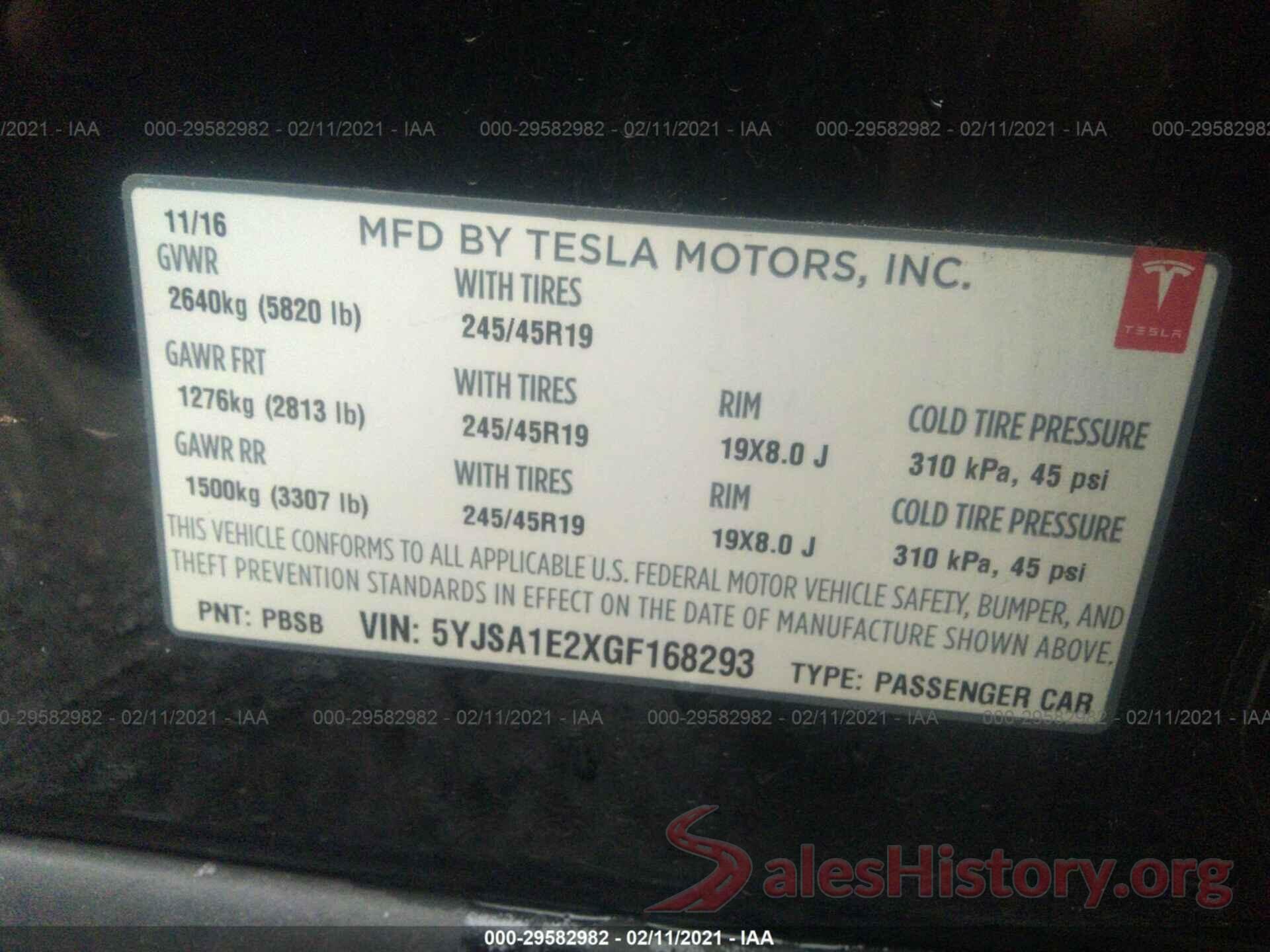 5YJSA1E2XGF168293 2016 TESLA MODEL S