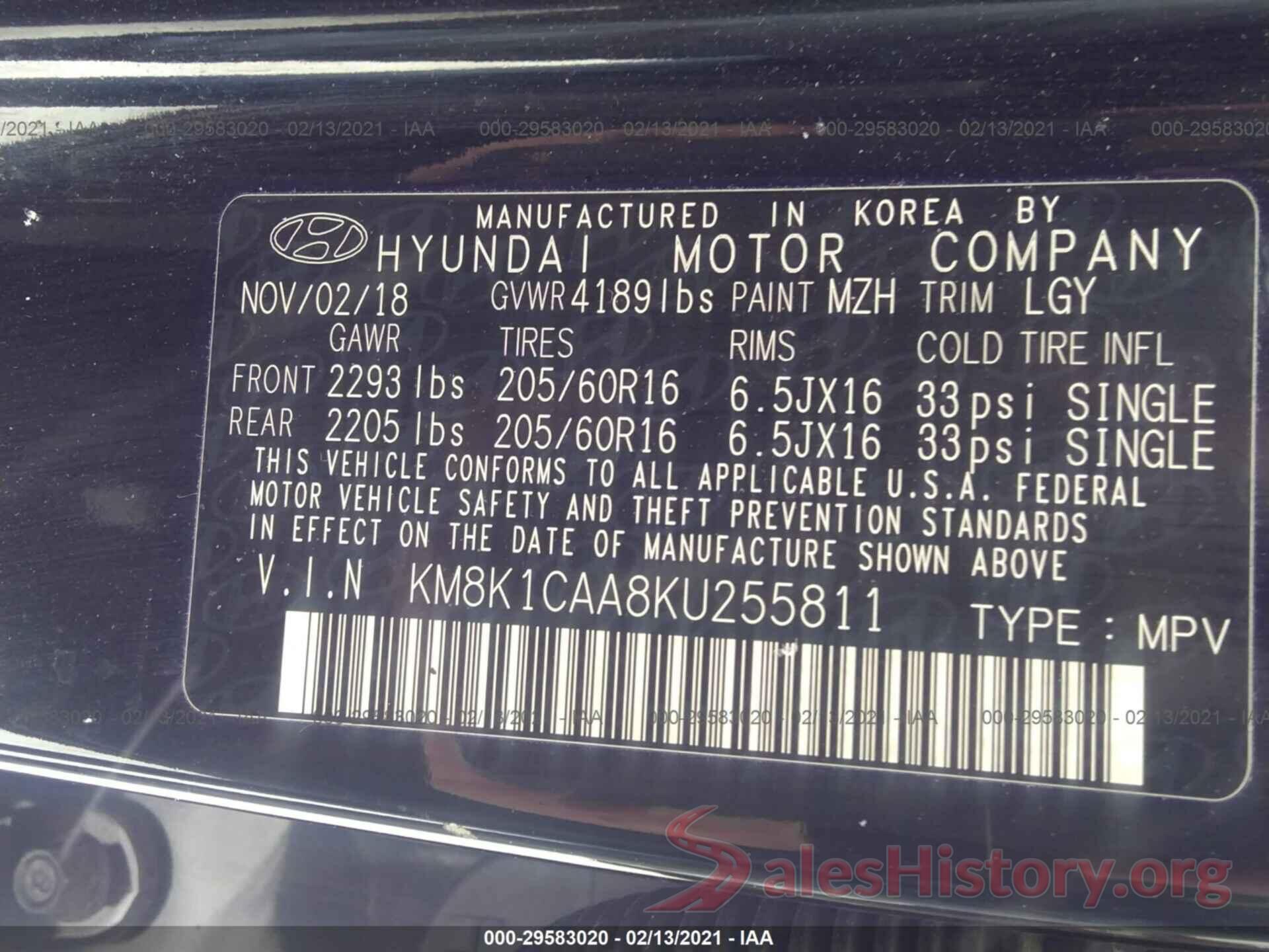 KM8K1CAA8KU255811 2019 HYUNDAI KONA